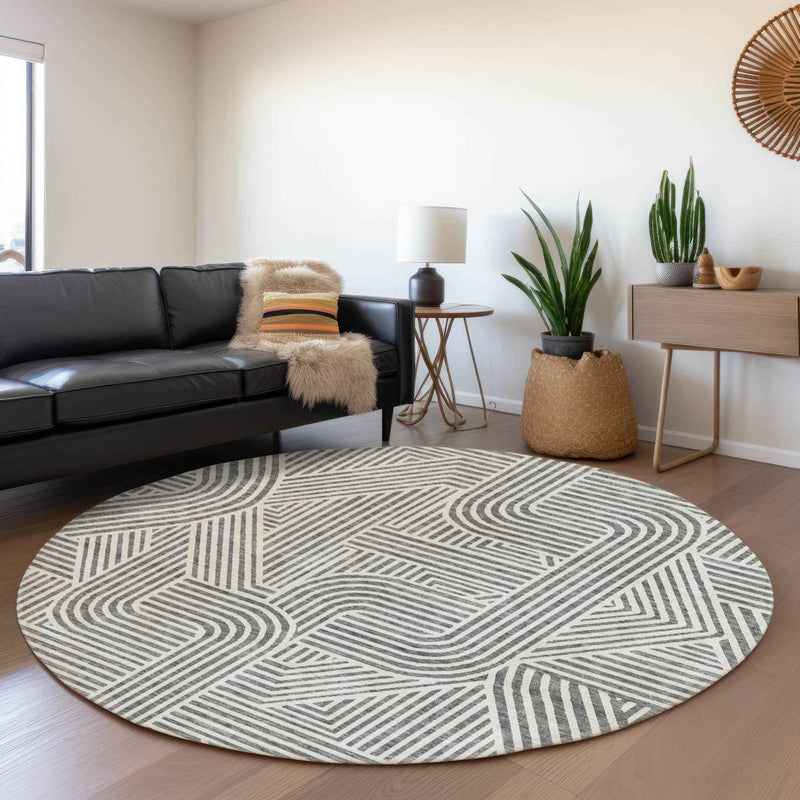8' Gray And Ivory Round Abstract Washable Indoor Outdoor Area Rug