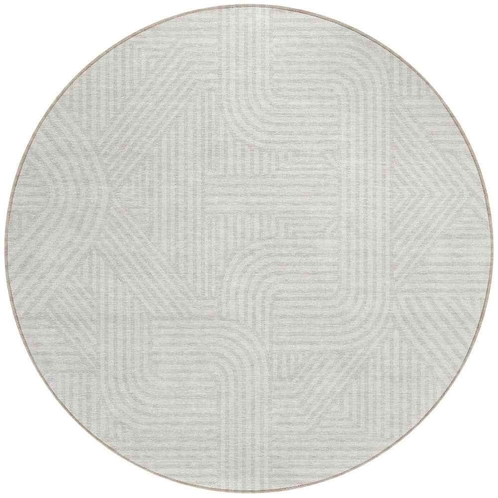 8' Ivory And Gray Round Abstract Washable Indoor Outdoor Area Rug