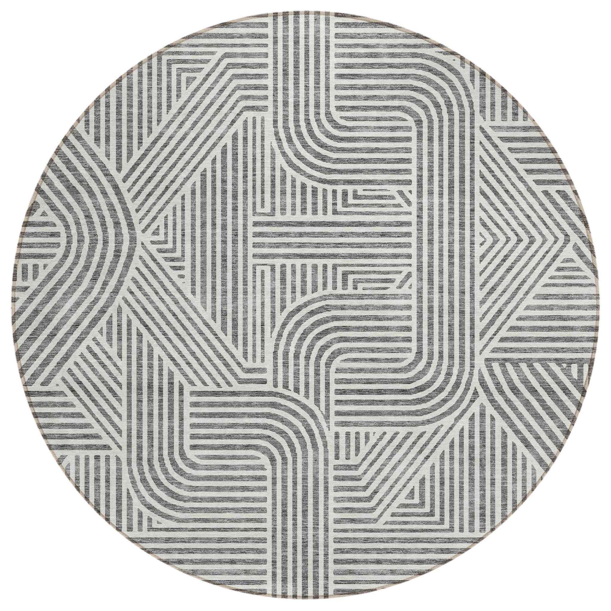 8' Gray And Ivory Round Abstract Washable Indoor Outdoor Area Rug