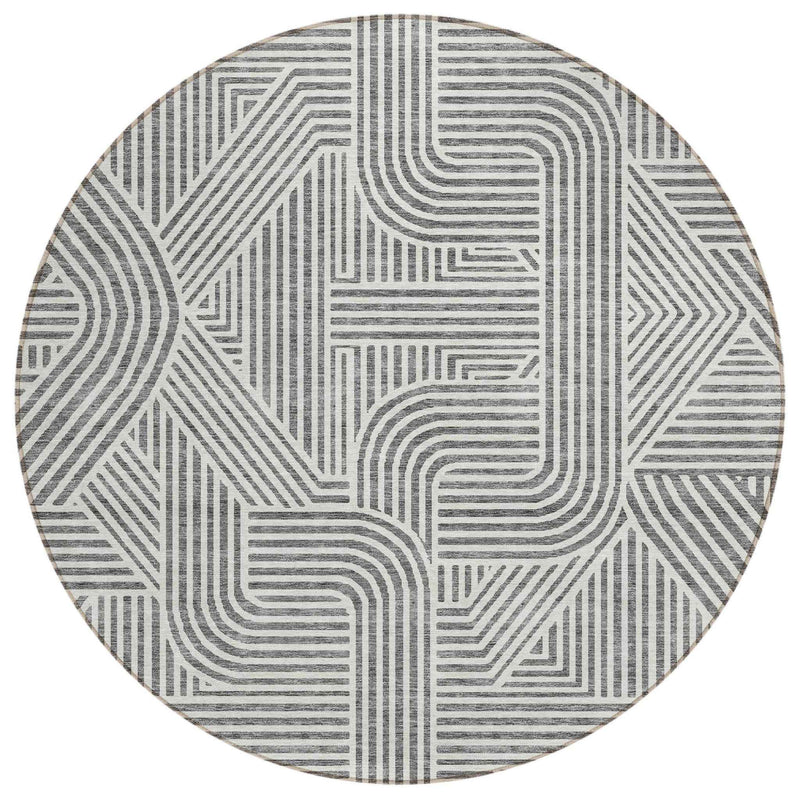 8' Gray And Ivory Round Abstract Washable Indoor Outdoor Area Rug