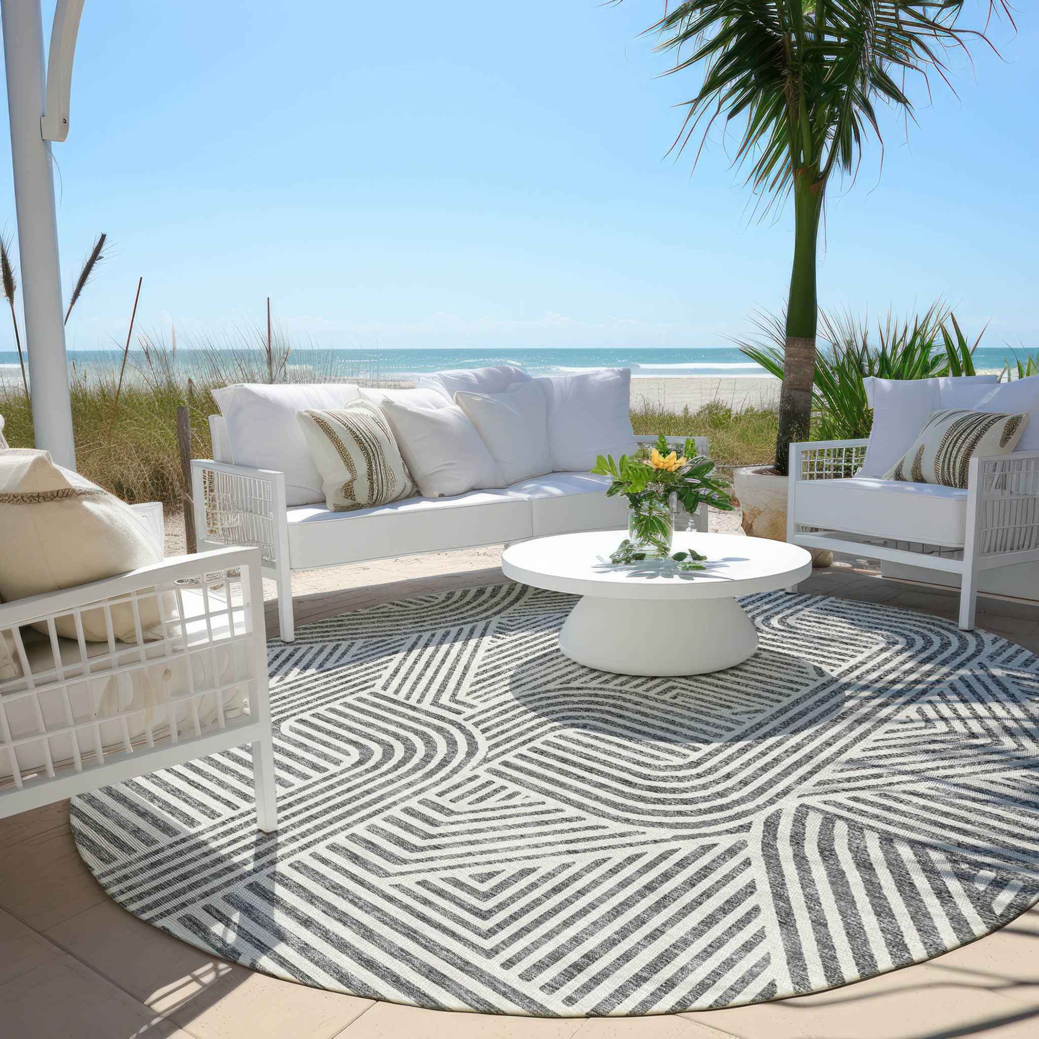 8' Gray And Ivory Round Abstract Washable Indoor Outdoor Area Rug
