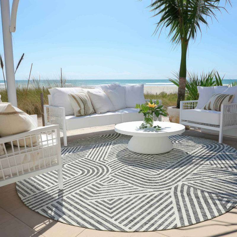 8' Gray And Ivory Round Abstract Washable Indoor Outdoor Area Rug