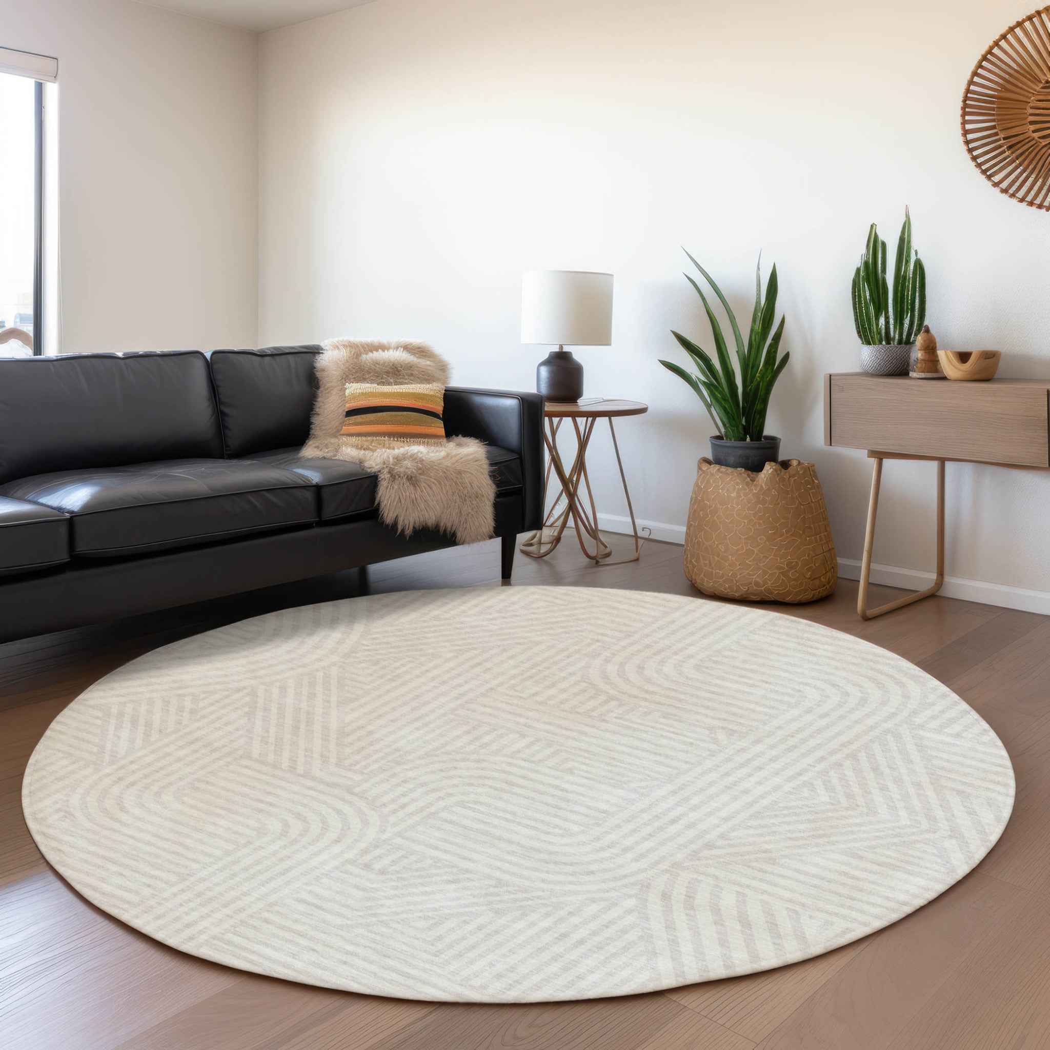 8' Ivory And Gray Round Abstract Washable Indoor Outdoor Area Rug