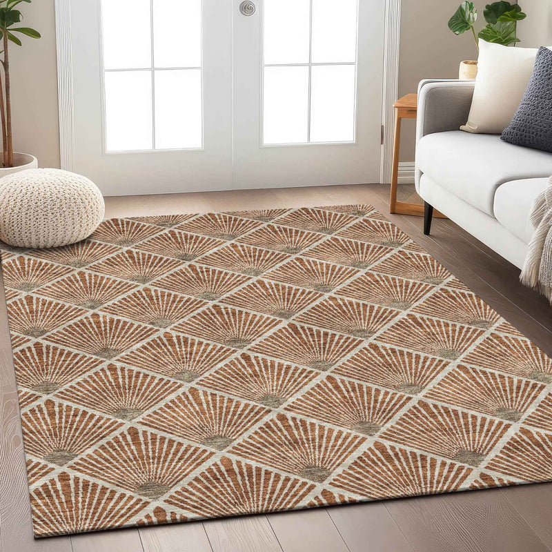 8' X 10' Brown Copper And Beige Geometric Washable Indoor Outdoor Area Rug