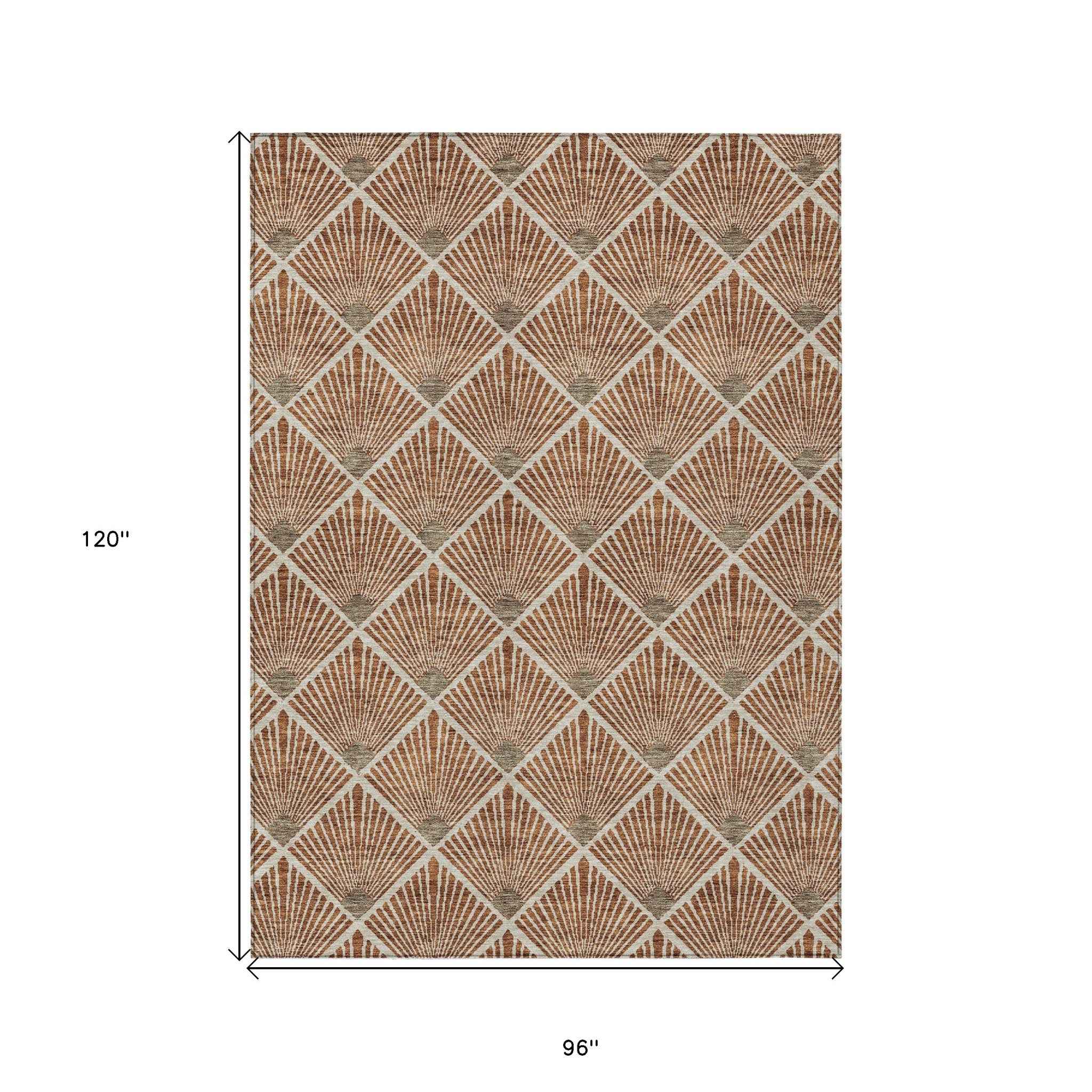 8' X 10' Brown Copper And Beige Geometric Washable Indoor Outdoor Area Rug