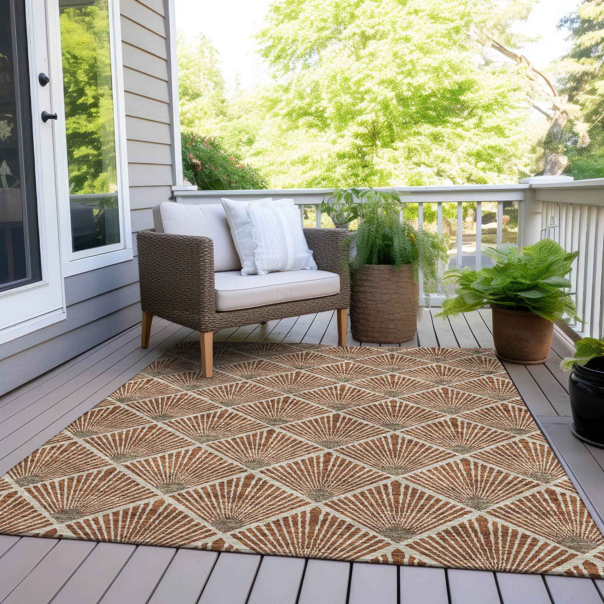 8' X 10' Brown Copper And Beige Geometric Washable Indoor Outdoor Area Rug