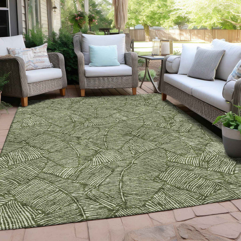 10' X 14' Olive Green And Light Green Floral Washable Indoor Outdoor Area Rug