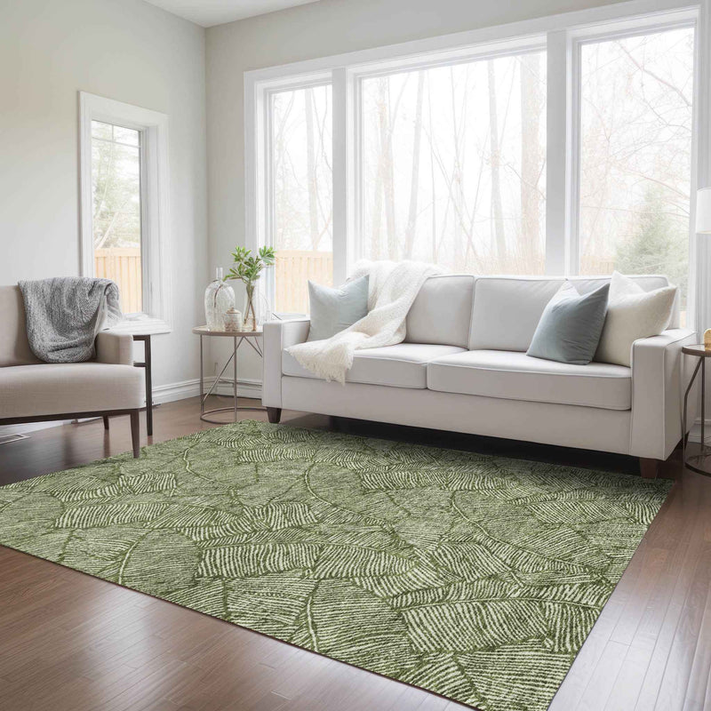 10' X 14' Olive Green And Light Green Floral Washable Indoor Outdoor Area Rug
