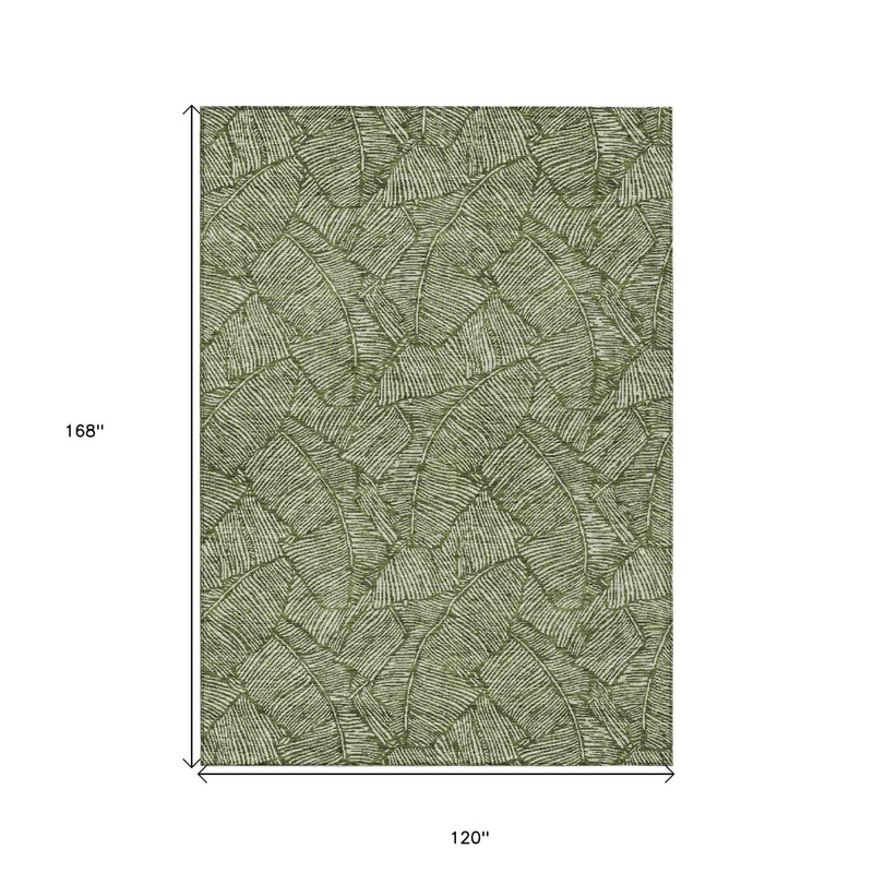 10' X 14' Olive Green And Light Green Floral Washable Indoor Outdoor Area Rug