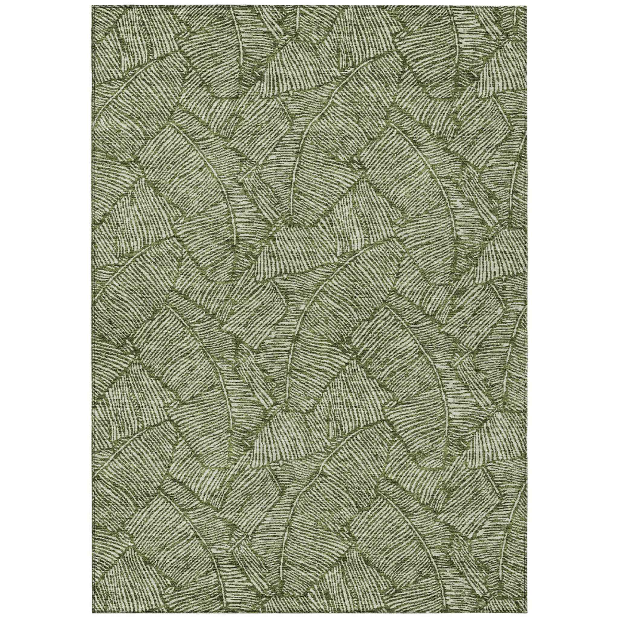 10' X 14' Olive Green And Light Green Floral Washable Indoor Outdoor Area Rug