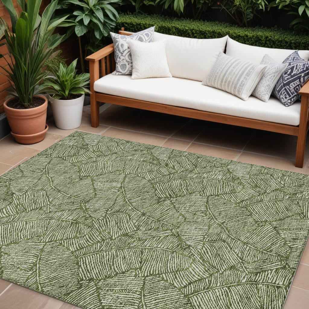 10' X 14' Olive Green And Light Green Floral Washable Indoor Outdoor Area Rug