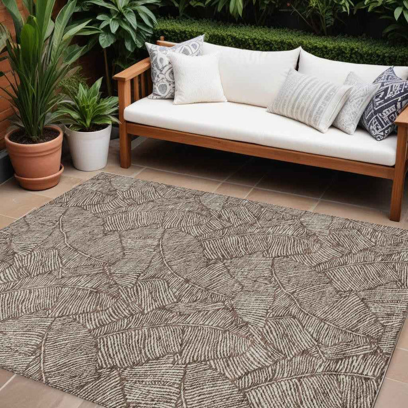 9' X 12' Brown And Beige Floral Washable Indoor Outdoor Area Rug