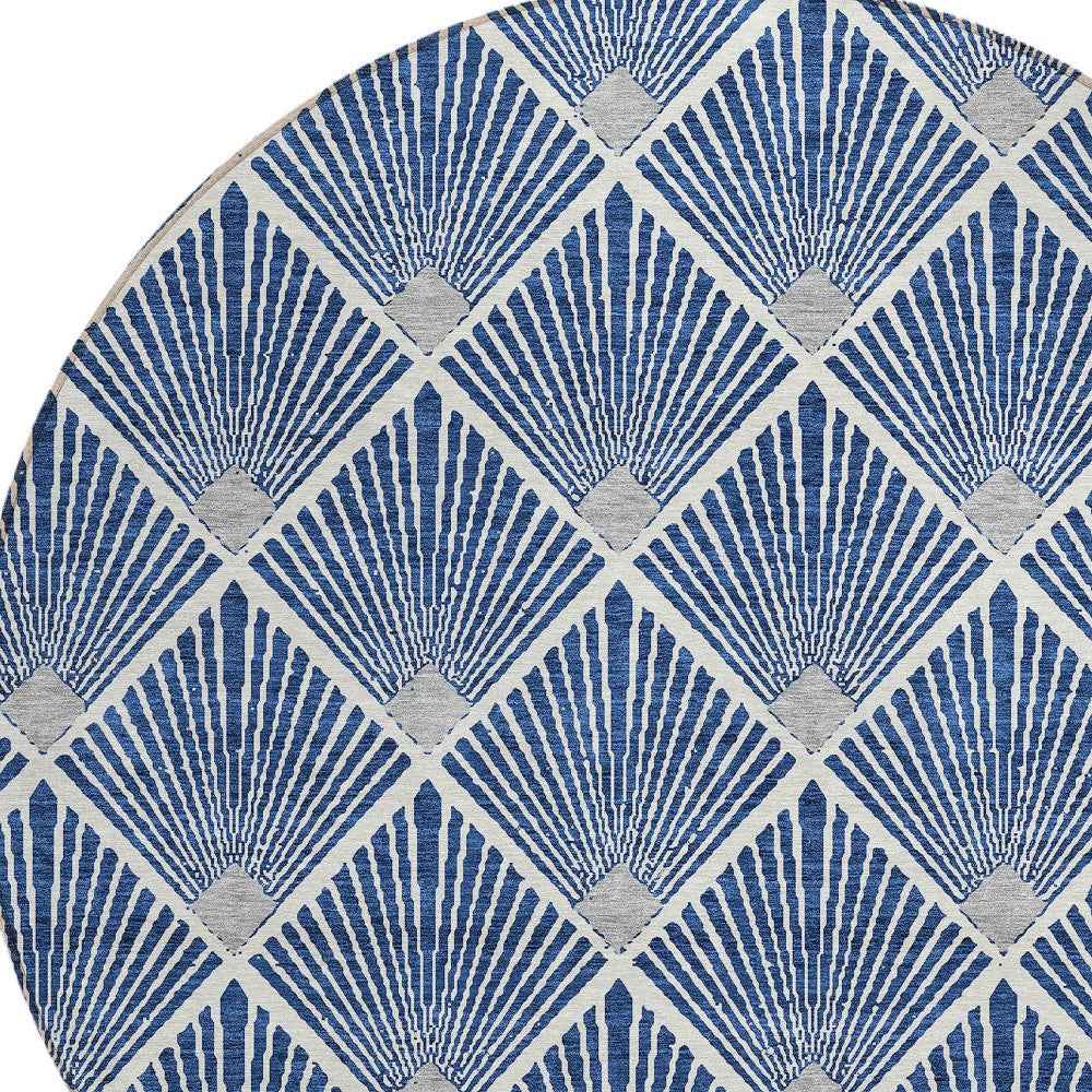 8' Navy Blue Gray And Ivory Round Geometric Washable Indoor Outdoor Area Rug