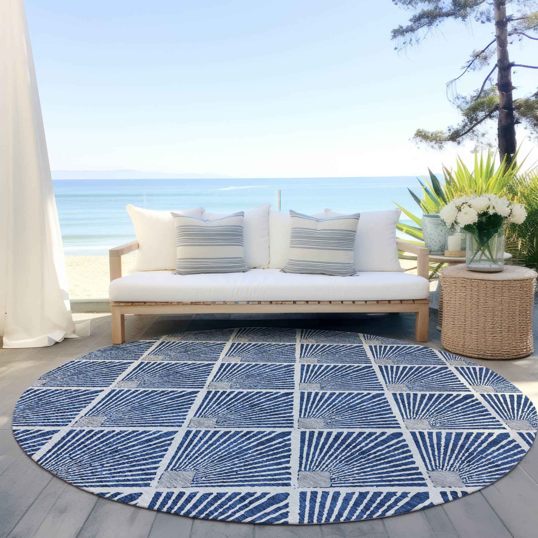 8' Navy Blue Gray And Ivory Round Geometric Washable Indoor Outdoor Area Rug