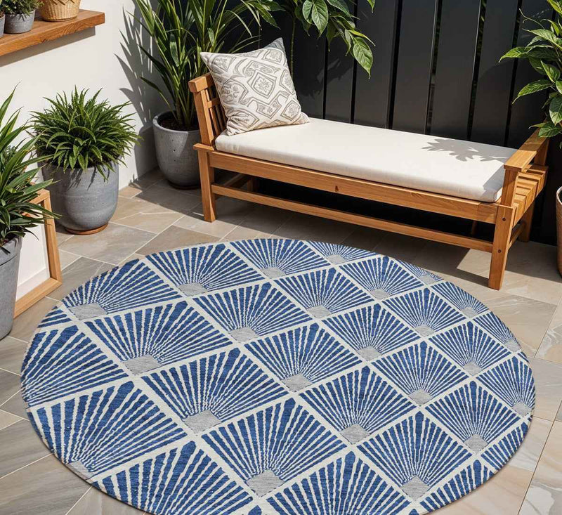 8' Navy Blue Gray And Ivory Round Geometric Washable Indoor Outdoor Area Rug