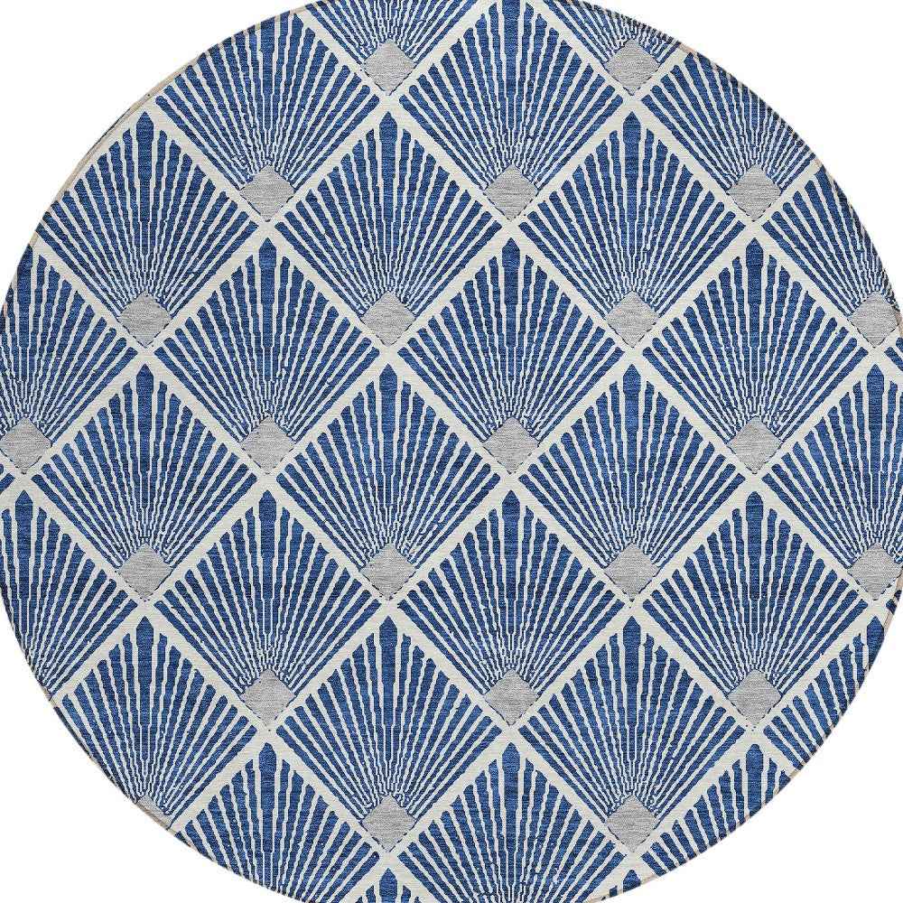 8' Navy Blue Gray And Ivory Round Geometric Washable Indoor Outdoor Area Rug
