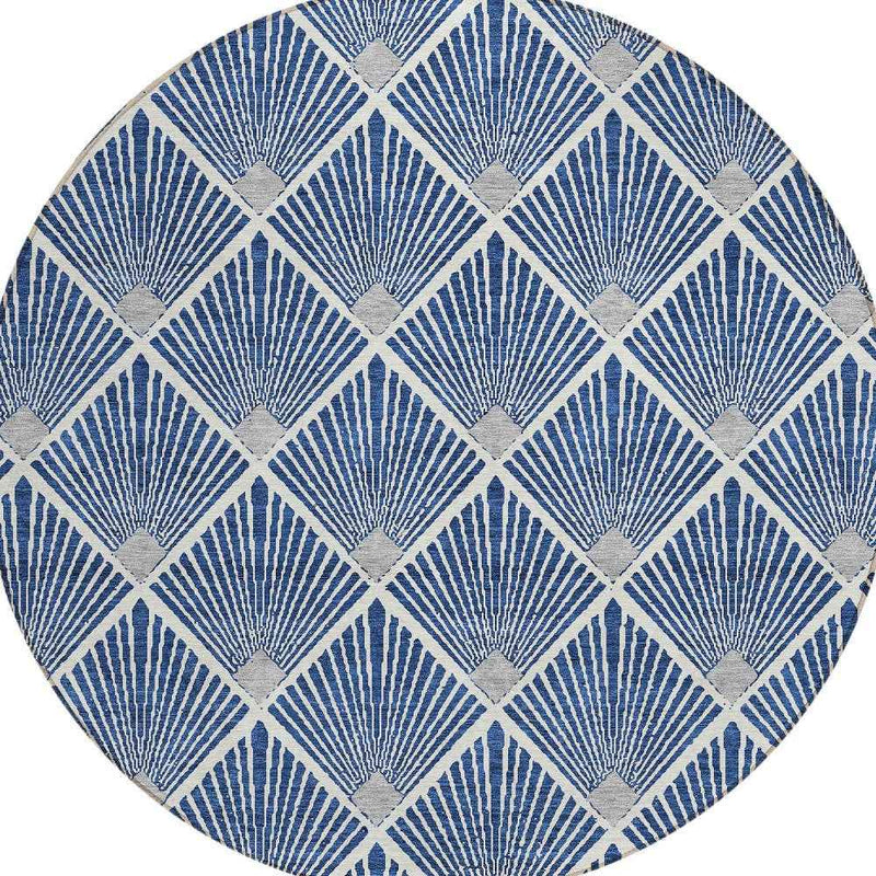 8' Navy Blue Gray And Ivory Round Geometric Washable Indoor Outdoor Area Rug
