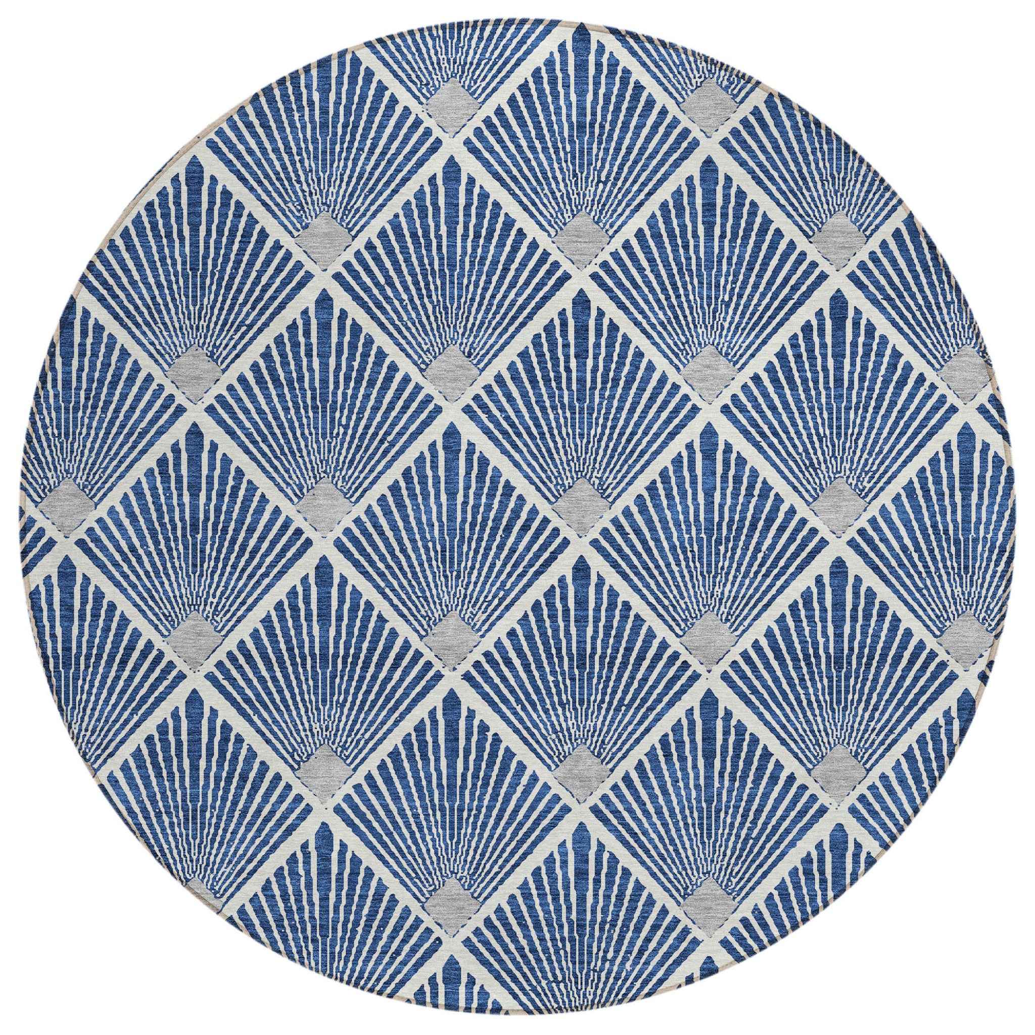 8' Navy Blue Gray And Ivory Round Geometric Washable Indoor Outdoor Area Rug