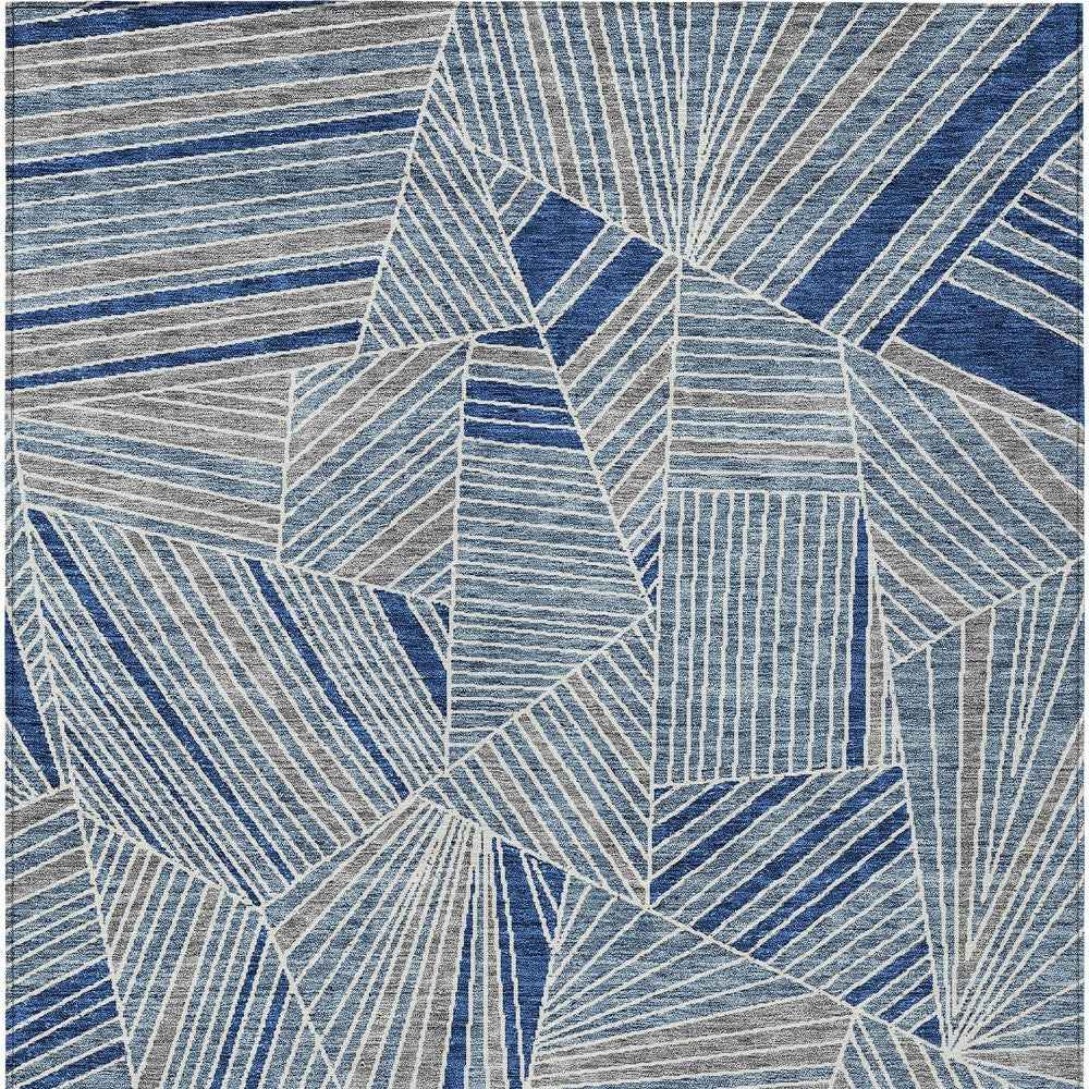 3' X 5' Denim Blue Gray And Ivory Geometric Washable Indoor Outdoor Area Rug