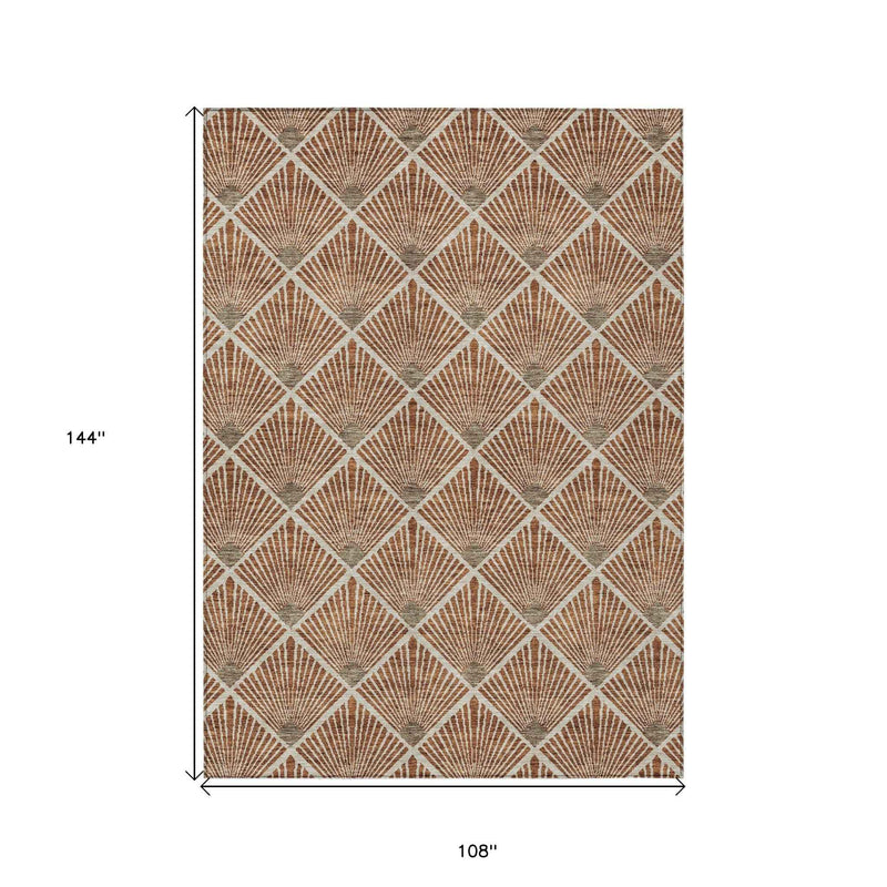 9' X 12' Brown Copper And Beige Geometric Washable Indoor Outdoor Area Rug