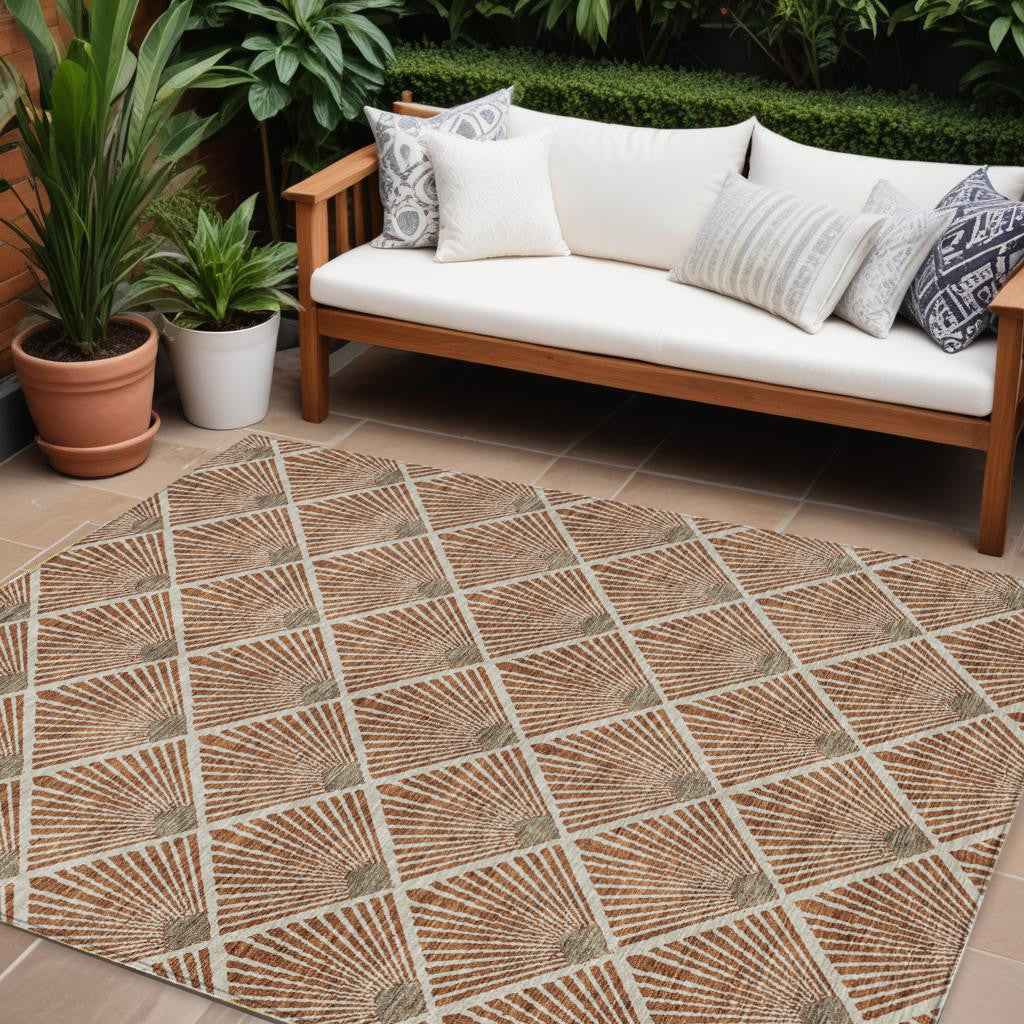 9' X 12' Brown Copper And Beige Geometric Washable Indoor Outdoor Area Rug