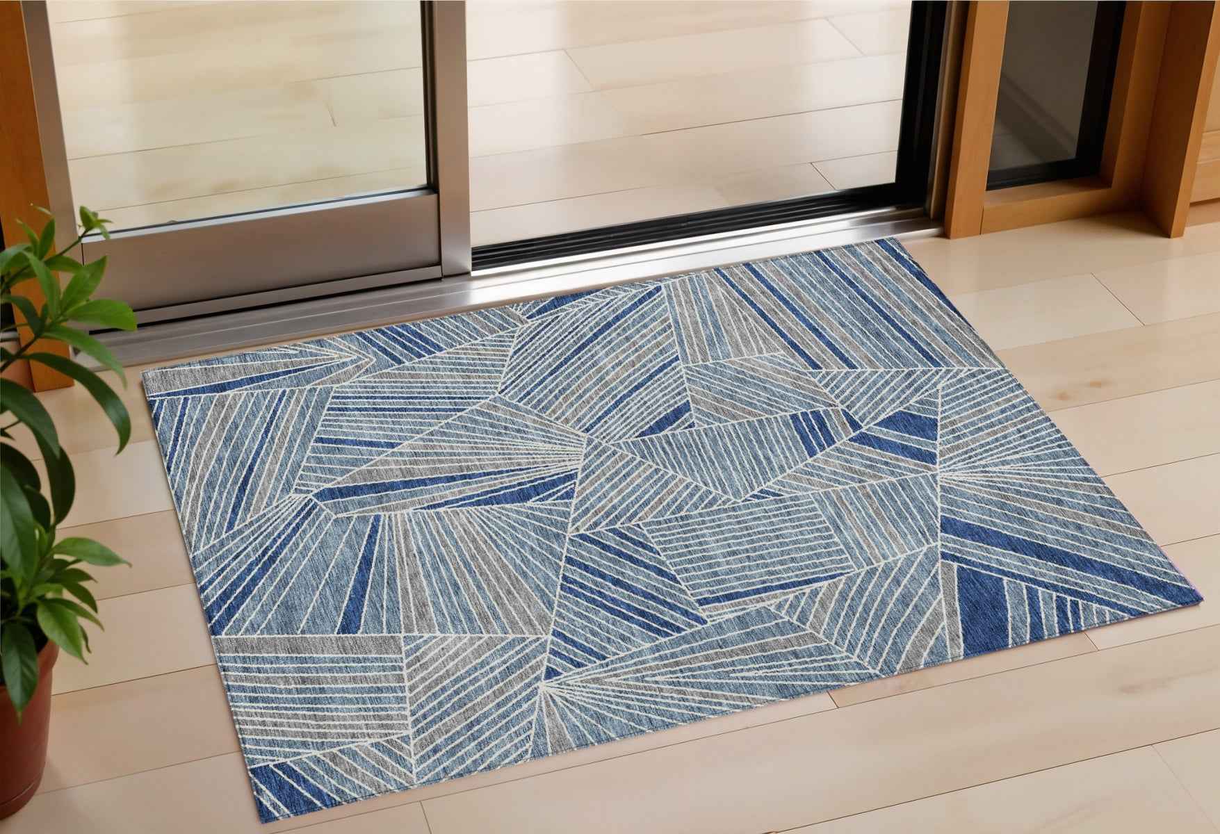 3' X 5' Denim Blue Gray And Ivory Geometric Washable Indoor Outdoor Area Rug