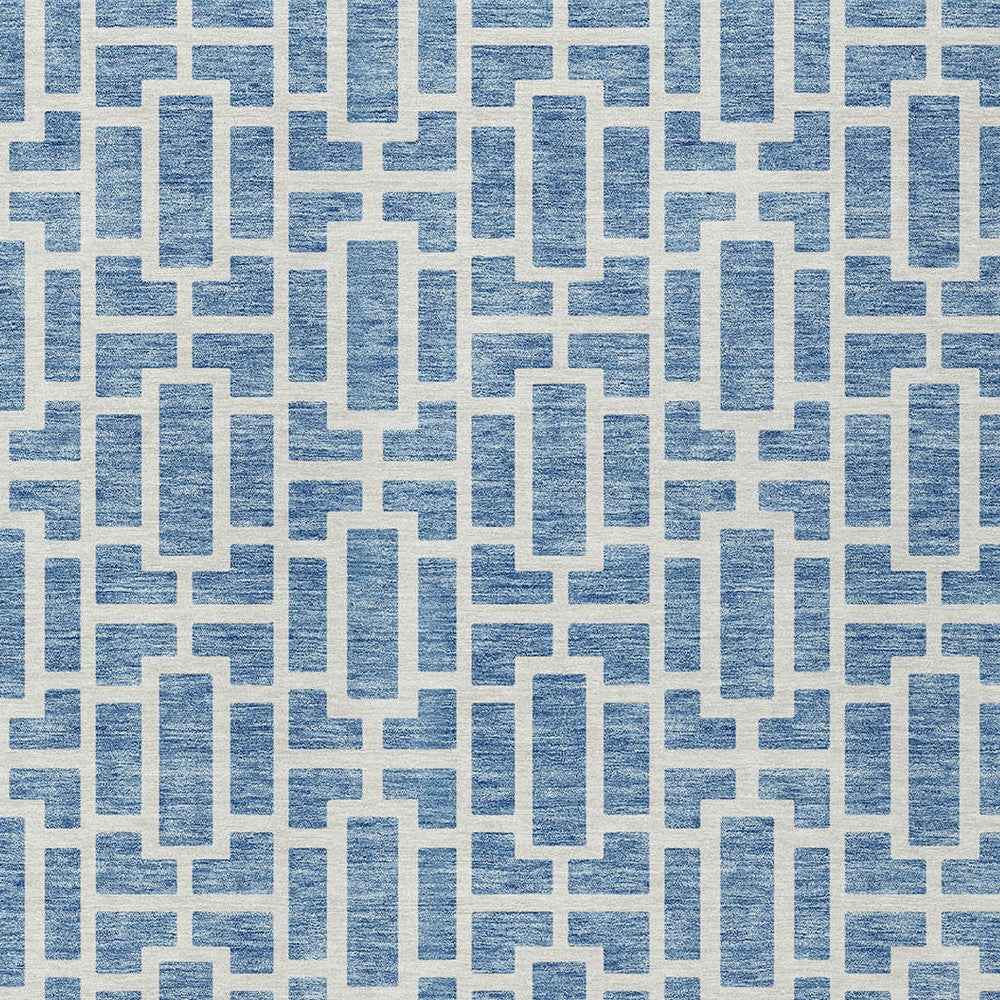 9' X 12' Denim Blue And Ivory Geometric Washable Indoor Outdoor Area Rug