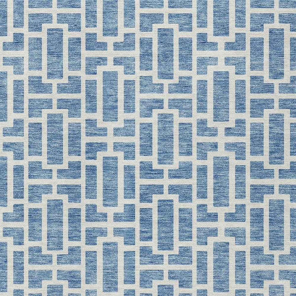 9' X 12' Denim Blue And Ivory Geometric Washable Indoor Outdoor Area Rug