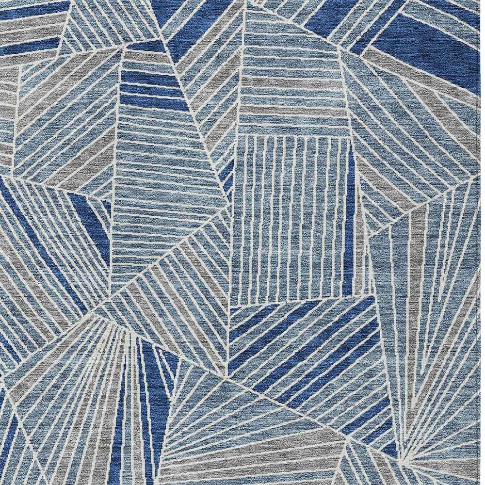 3' X 5' Denim Blue Gray And Ivory Geometric Washable Indoor Outdoor Area Rug