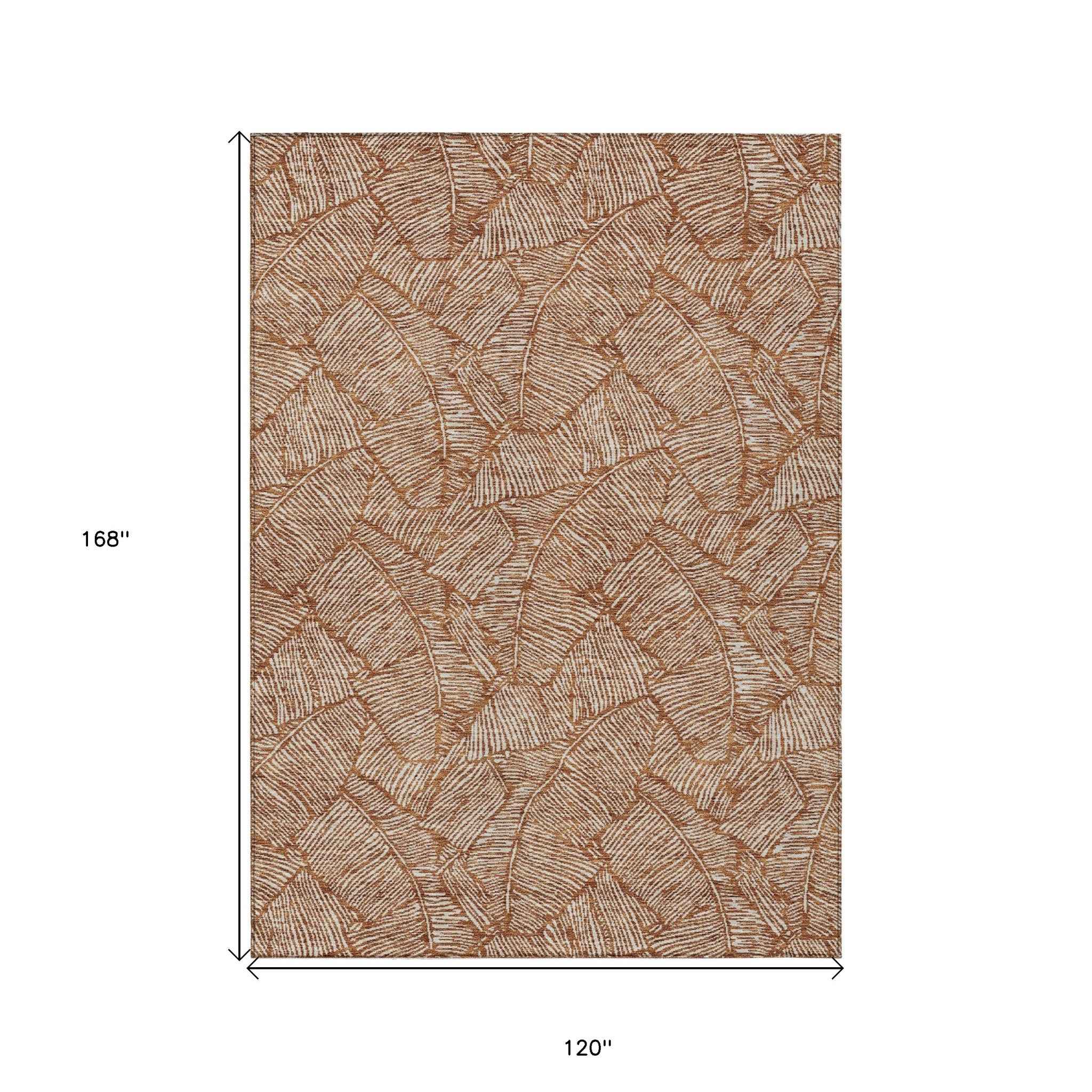 10' X 14' Copper And Beige Floral Washable Indoor Outdoor Area Rug