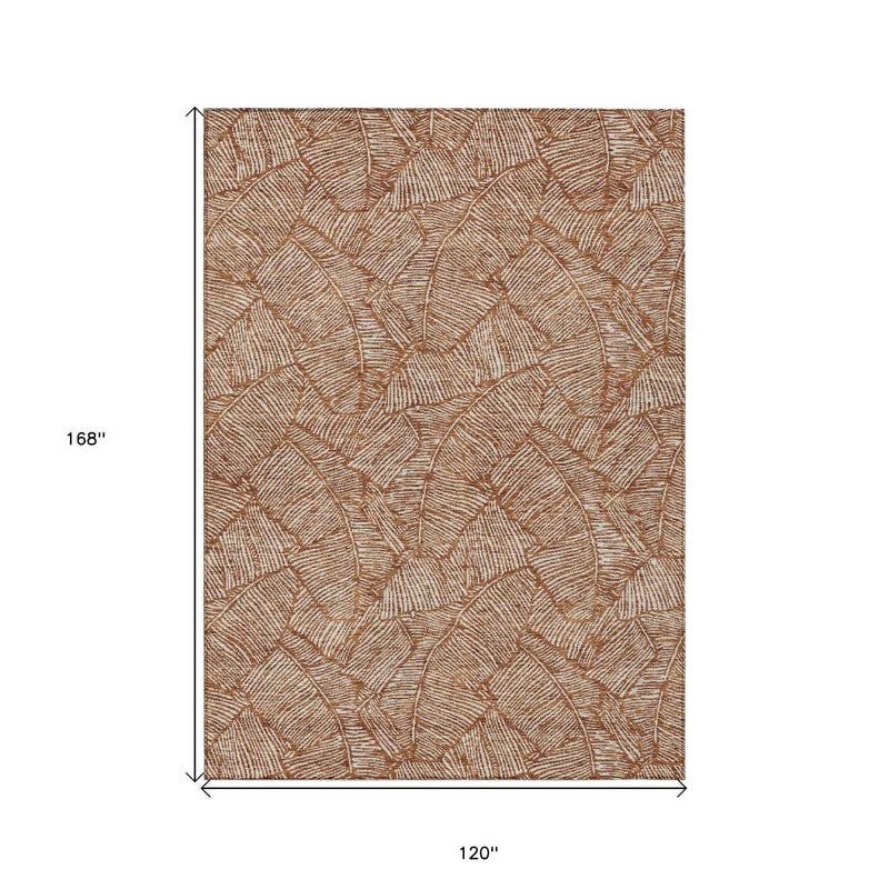 10' X 14' Copper And Beige Floral Washable Indoor Outdoor Area Rug
