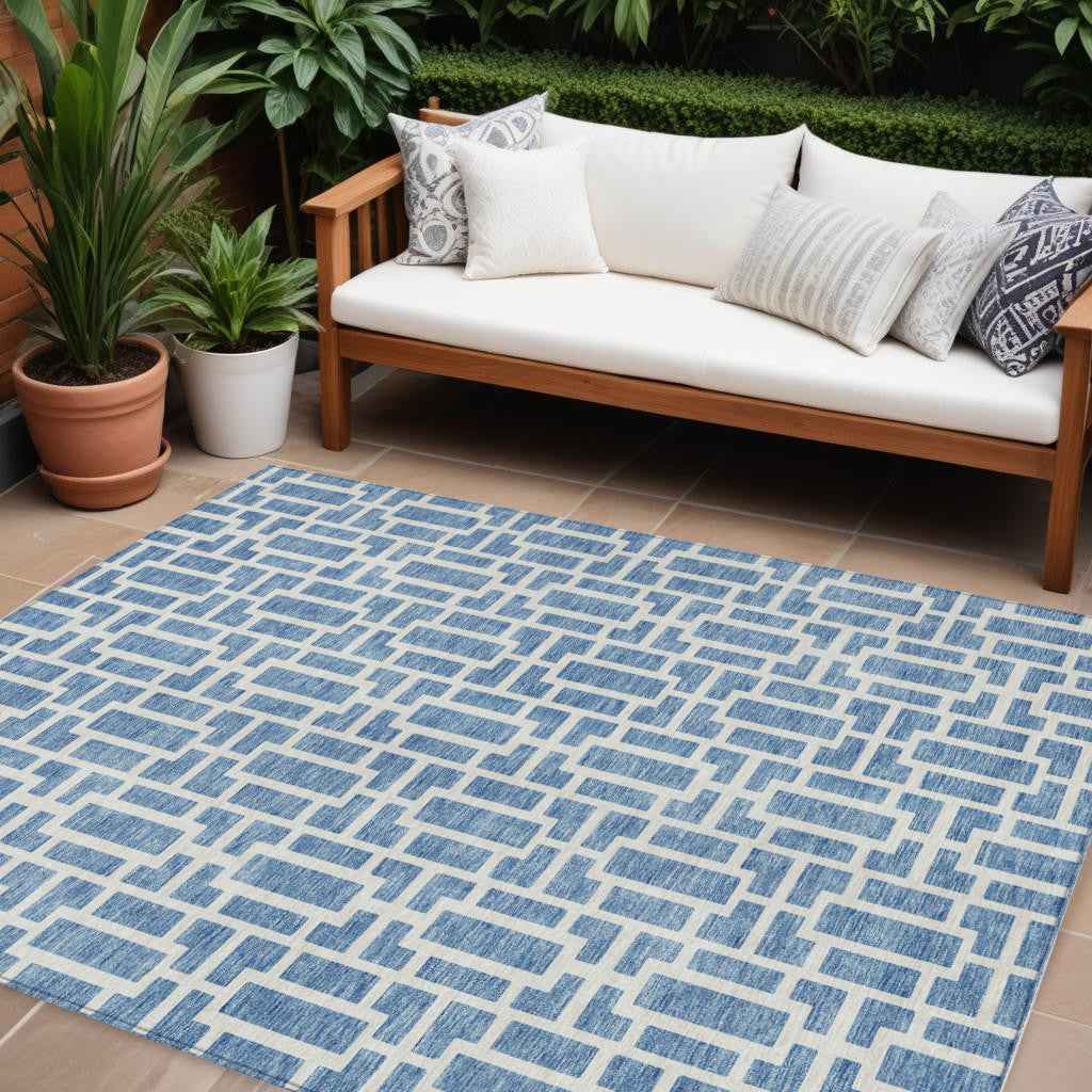 9' X 12' Denim Blue And Ivory Geometric Washable Indoor Outdoor Area Rug