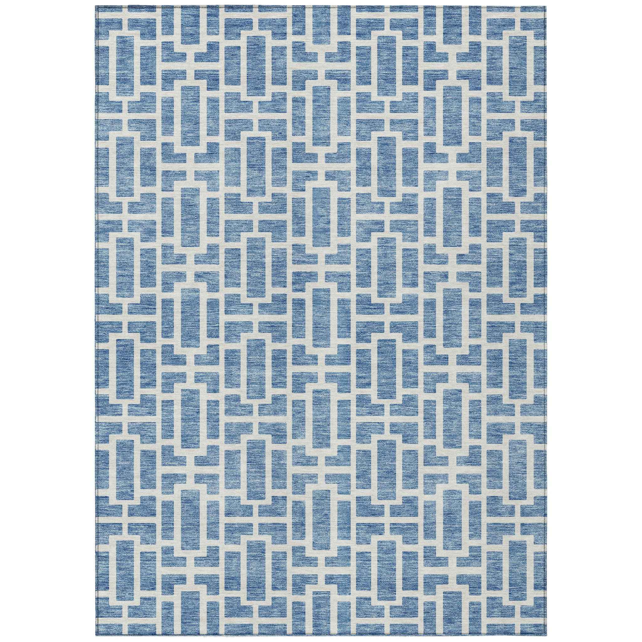 9' X 12' Denim Blue And Ivory Geometric Washable Indoor Outdoor Area Rug