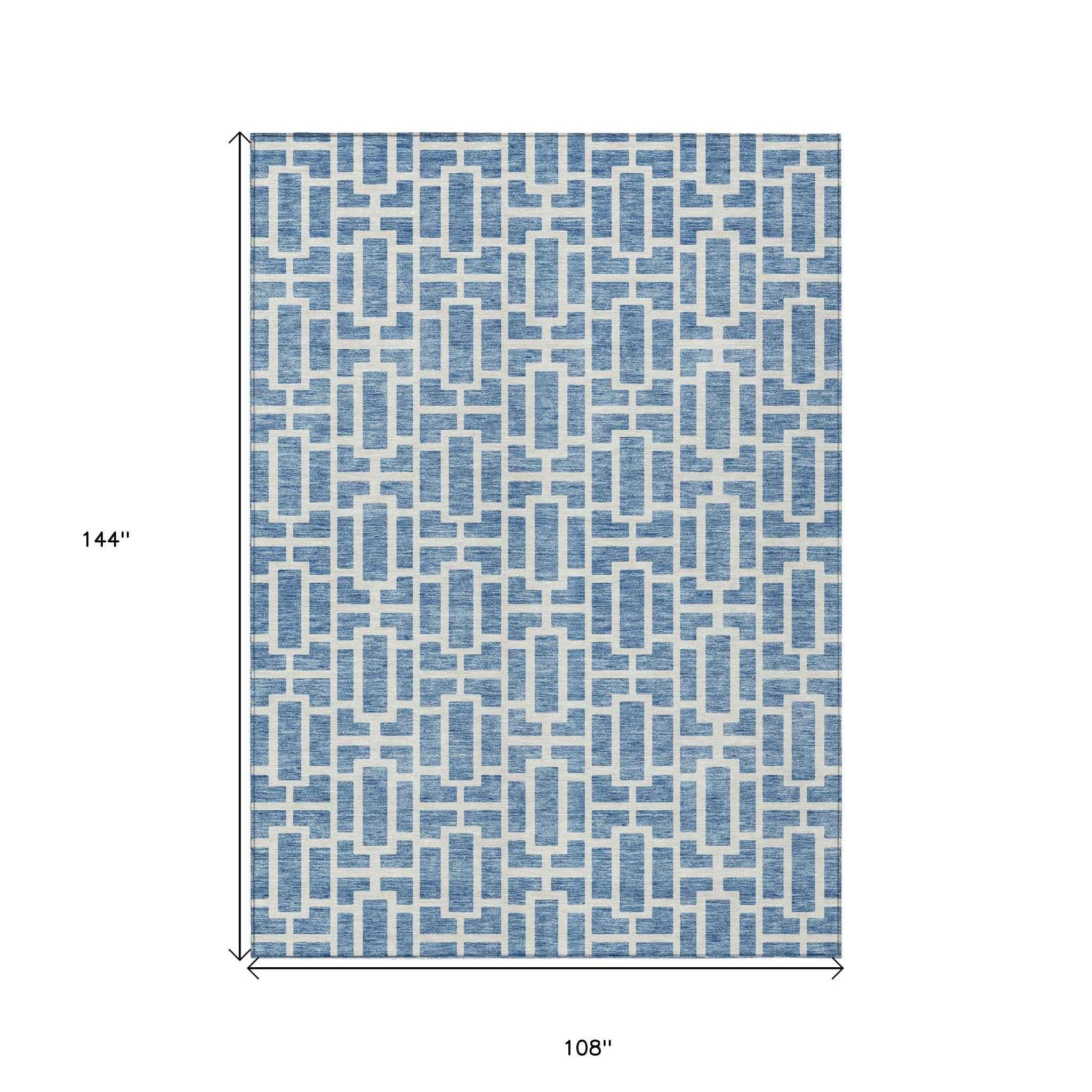 9' X 12' Denim Blue And Ivory Geometric Washable Indoor Outdoor Area Rug