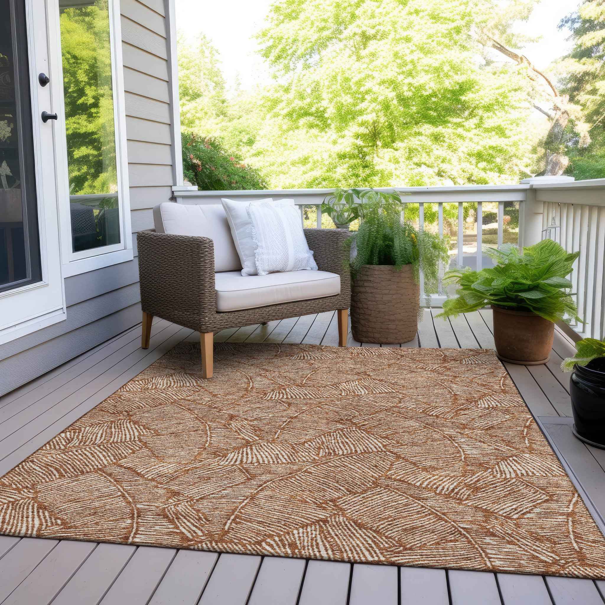 10' X 14' Copper And Beige Floral Washable Indoor Outdoor Area Rug