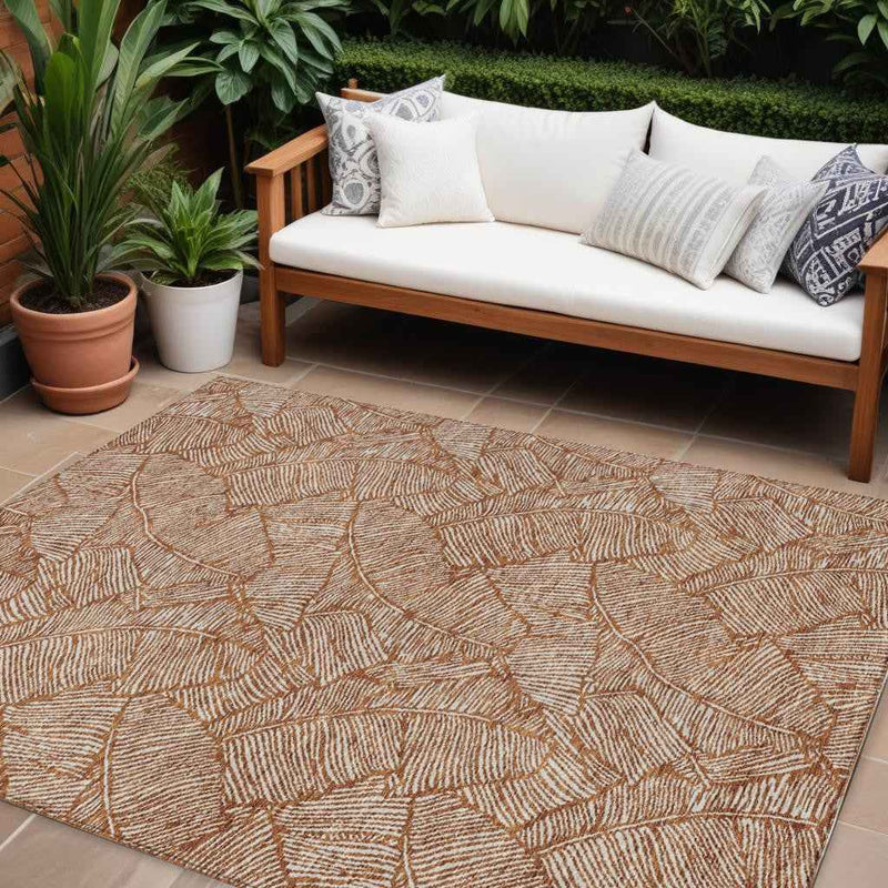 10' X 14' Copper And Beige Floral Washable Indoor Outdoor Area Rug