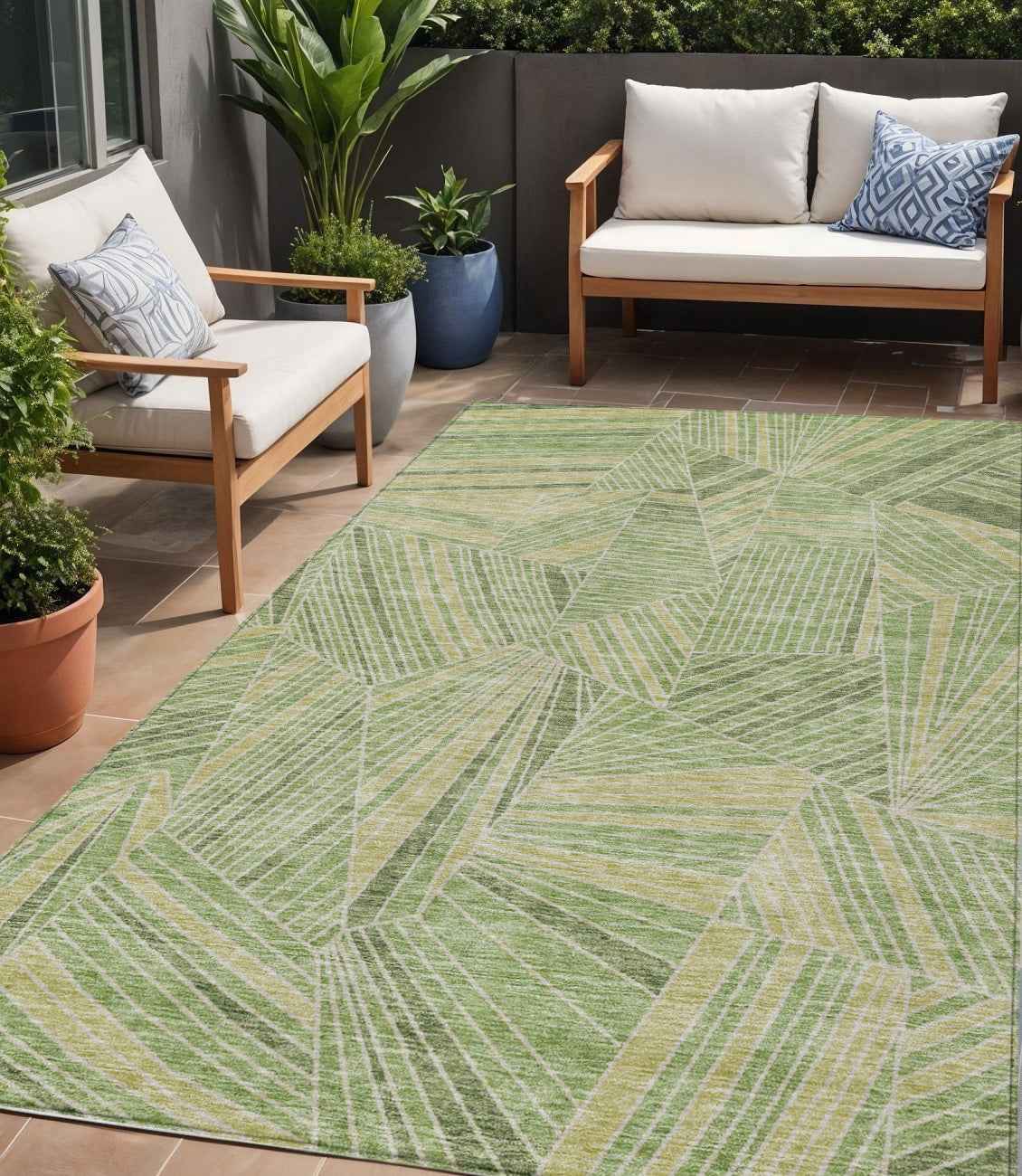5' X 8' Green And Olive Green Geometric Washable Indoor Outdoor Area Rug