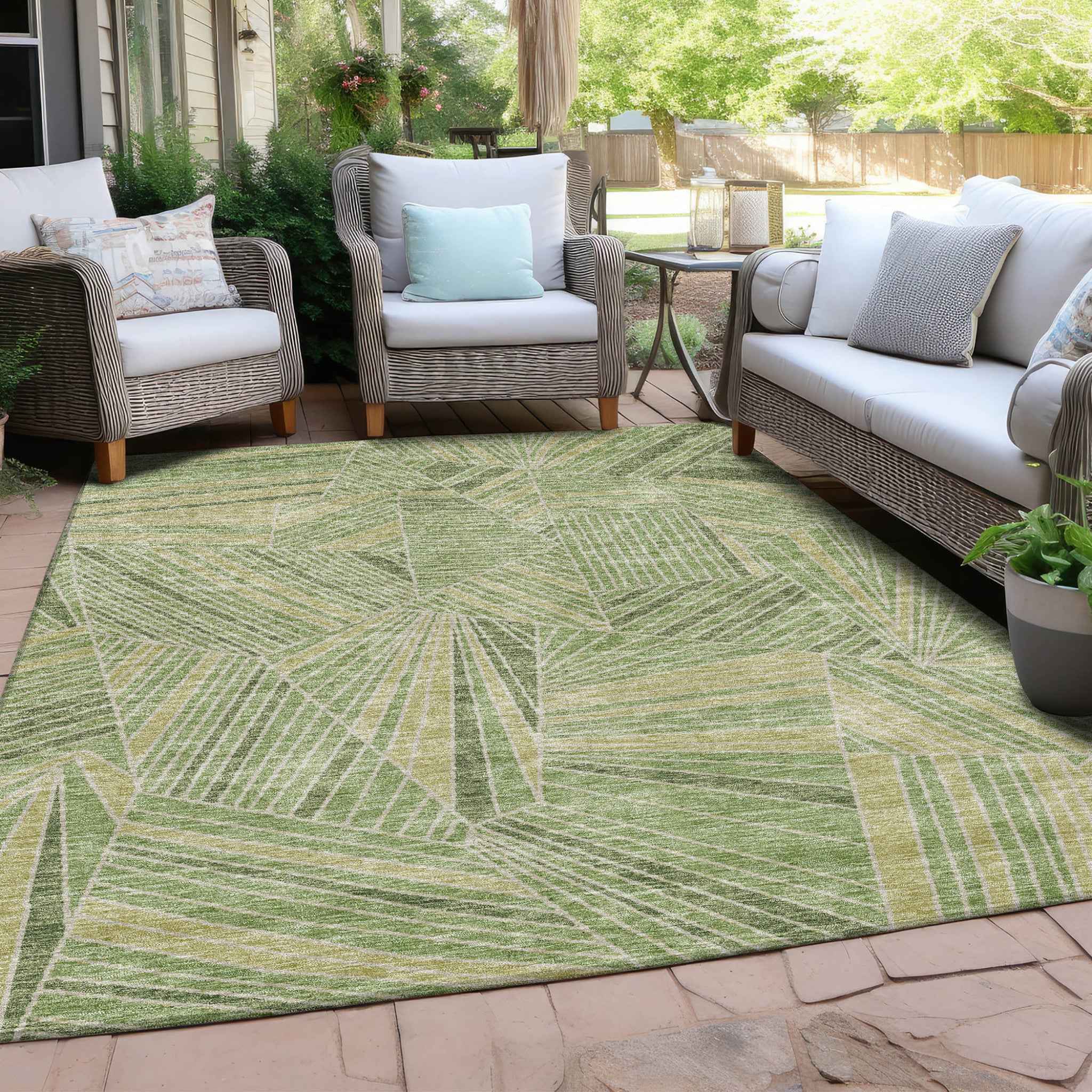 5' X 8' Green And Olive Green Geometric Washable Indoor Outdoor Area Rug