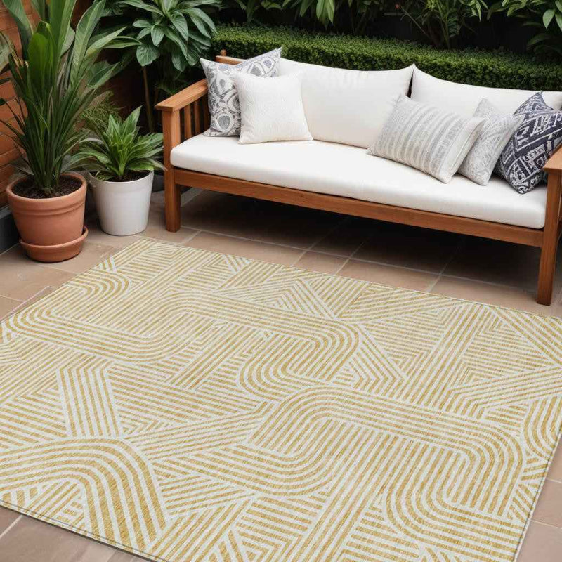 10' X 14' Gold And Beige Abstract Washable Indoor Outdoor Area Rug