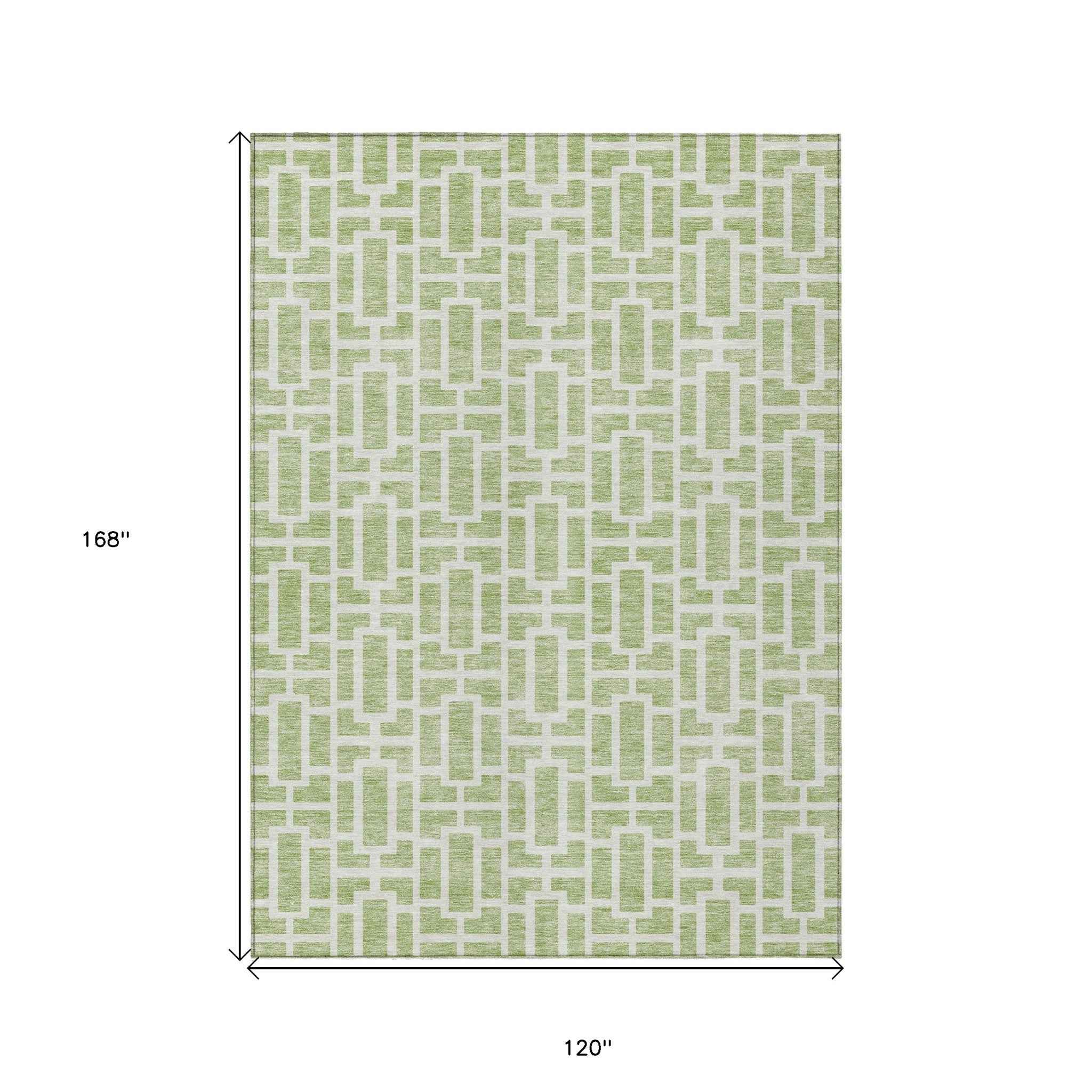 10' X 14' Artichoke Green And Ivory Geometric Washable Indoor Outdoor Area Rug