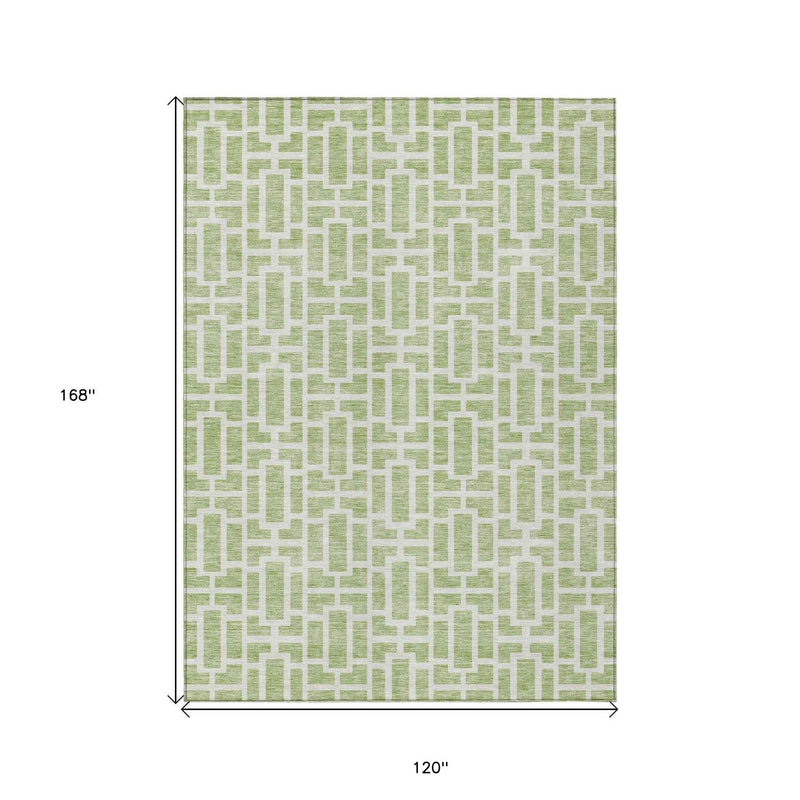 10' X 14' Artichoke Green And Ivory Geometric Washable Indoor Outdoor Area Rug