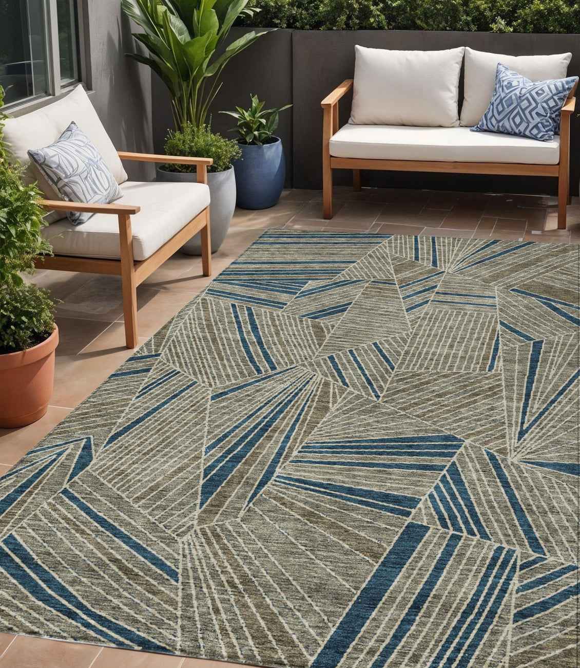 5' X 8' Taupe Blue And Beige Geometric Washable Indoor Outdoor Area Rug