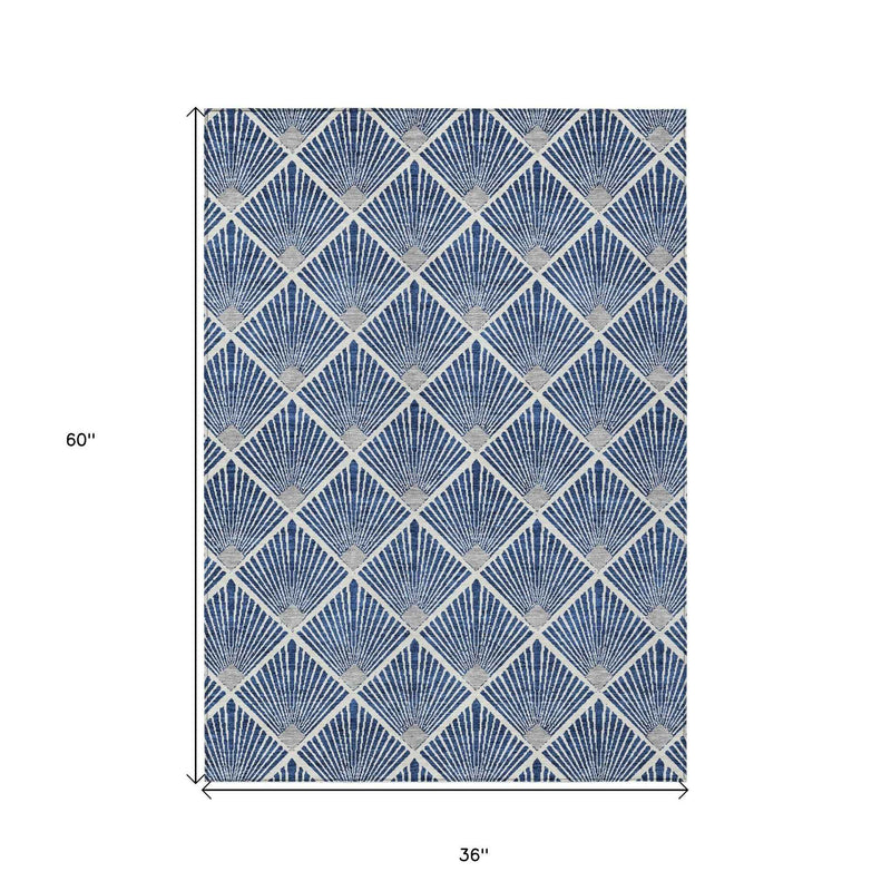 3' X 5' Navy Blue Gray And Ivory Geometric Washable Indoor Outdoor Area Rug