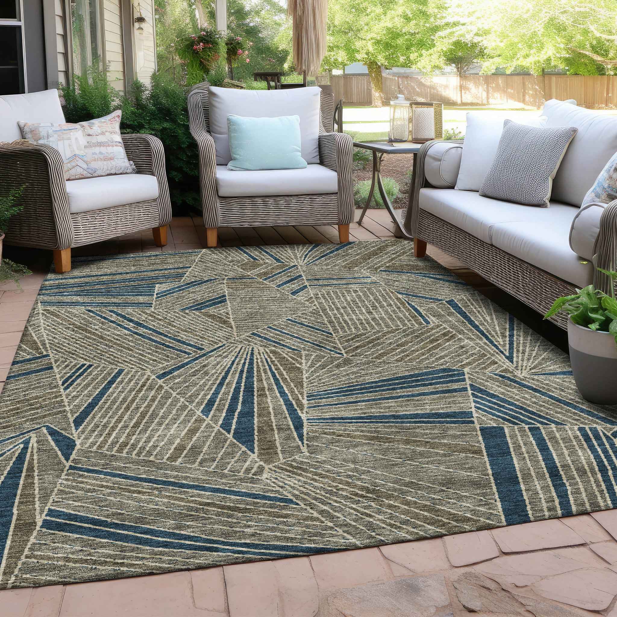 5' X 8' Taupe Blue And Beige Geometric Washable Indoor Outdoor Area Rug