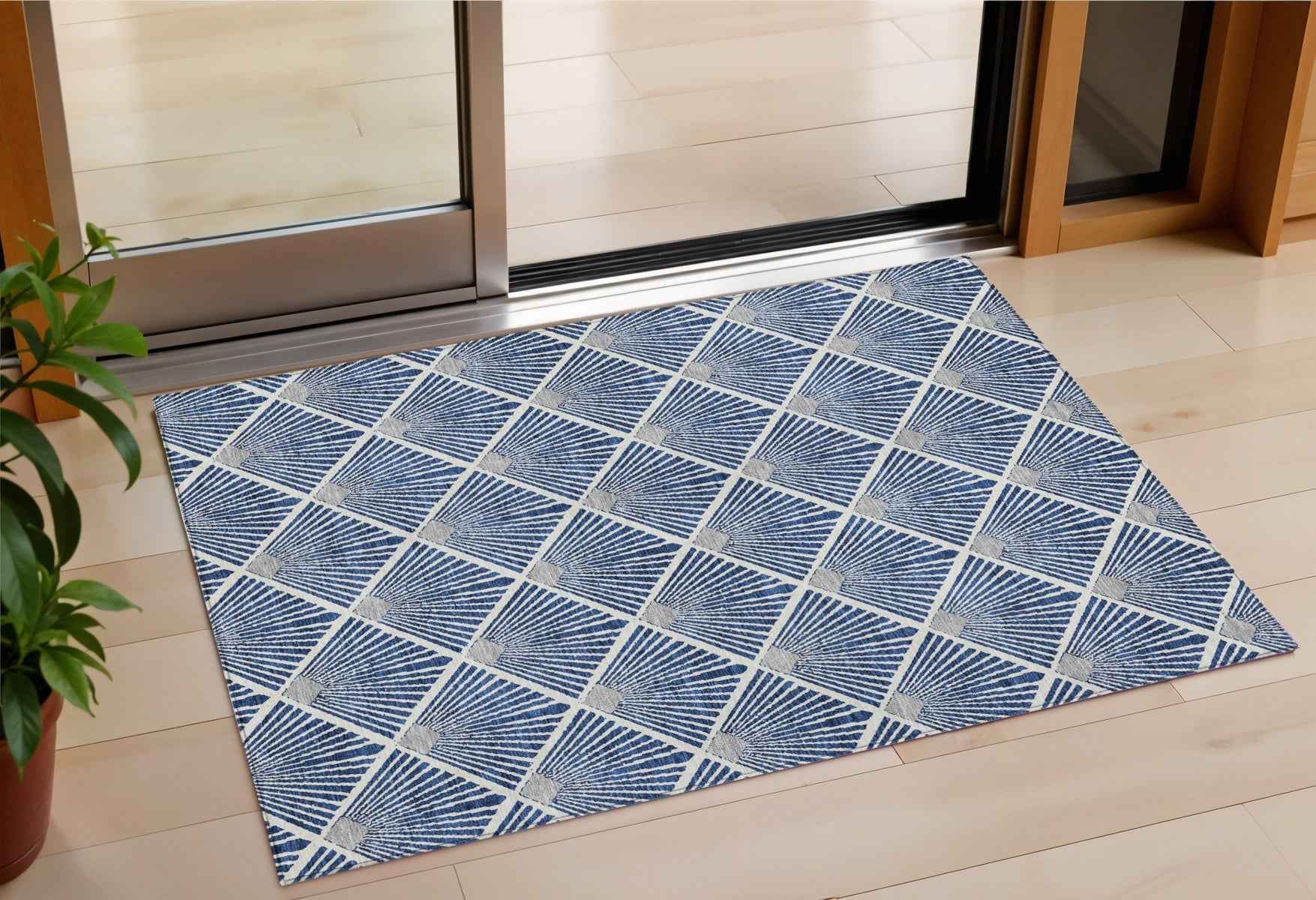 3' X 5' Navy Blue Gray And Ivory Geometric Washable Indoor Outdoor Area Rug