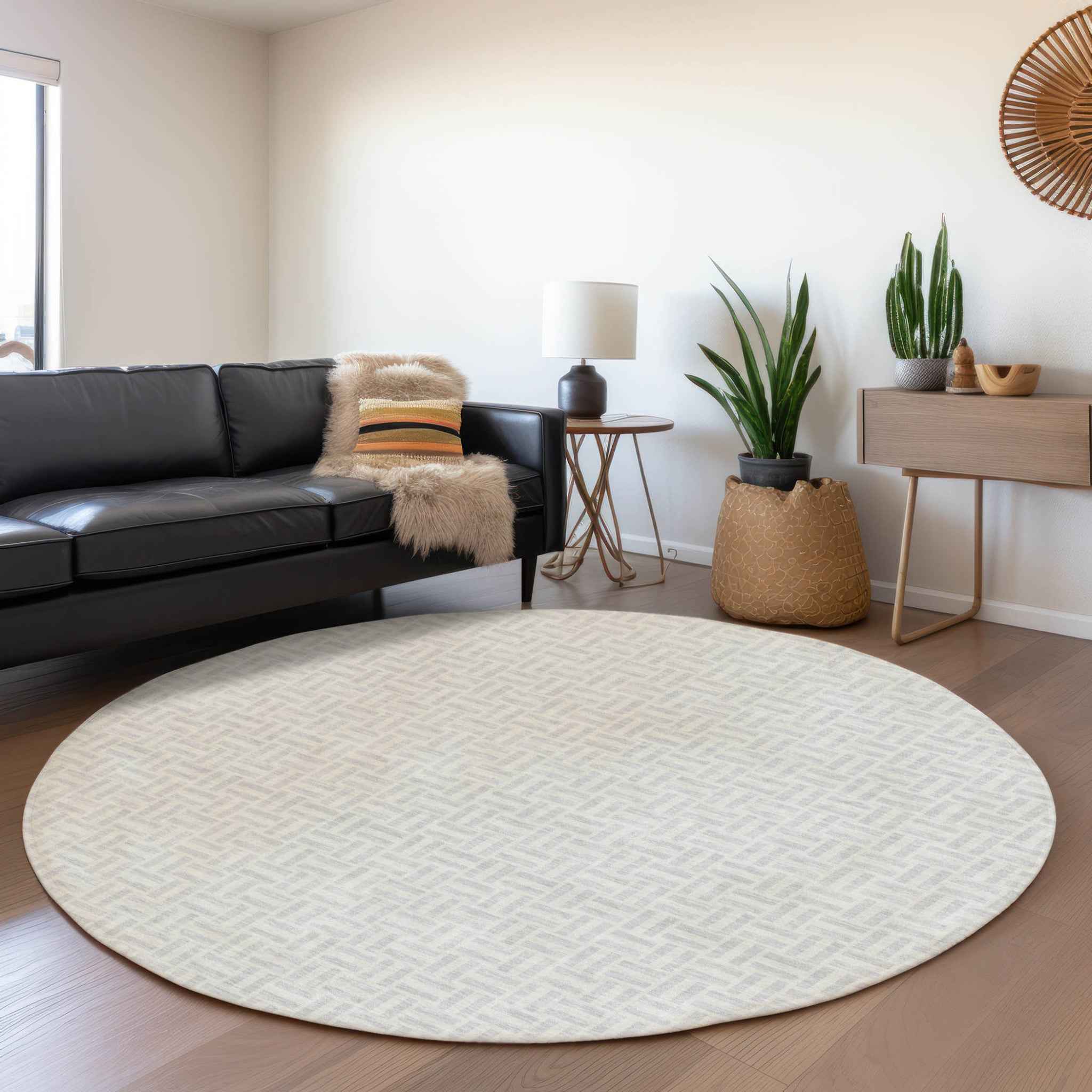 8' Silver And Gray Round Geometric Washable Indoor Outdoor Area Rug