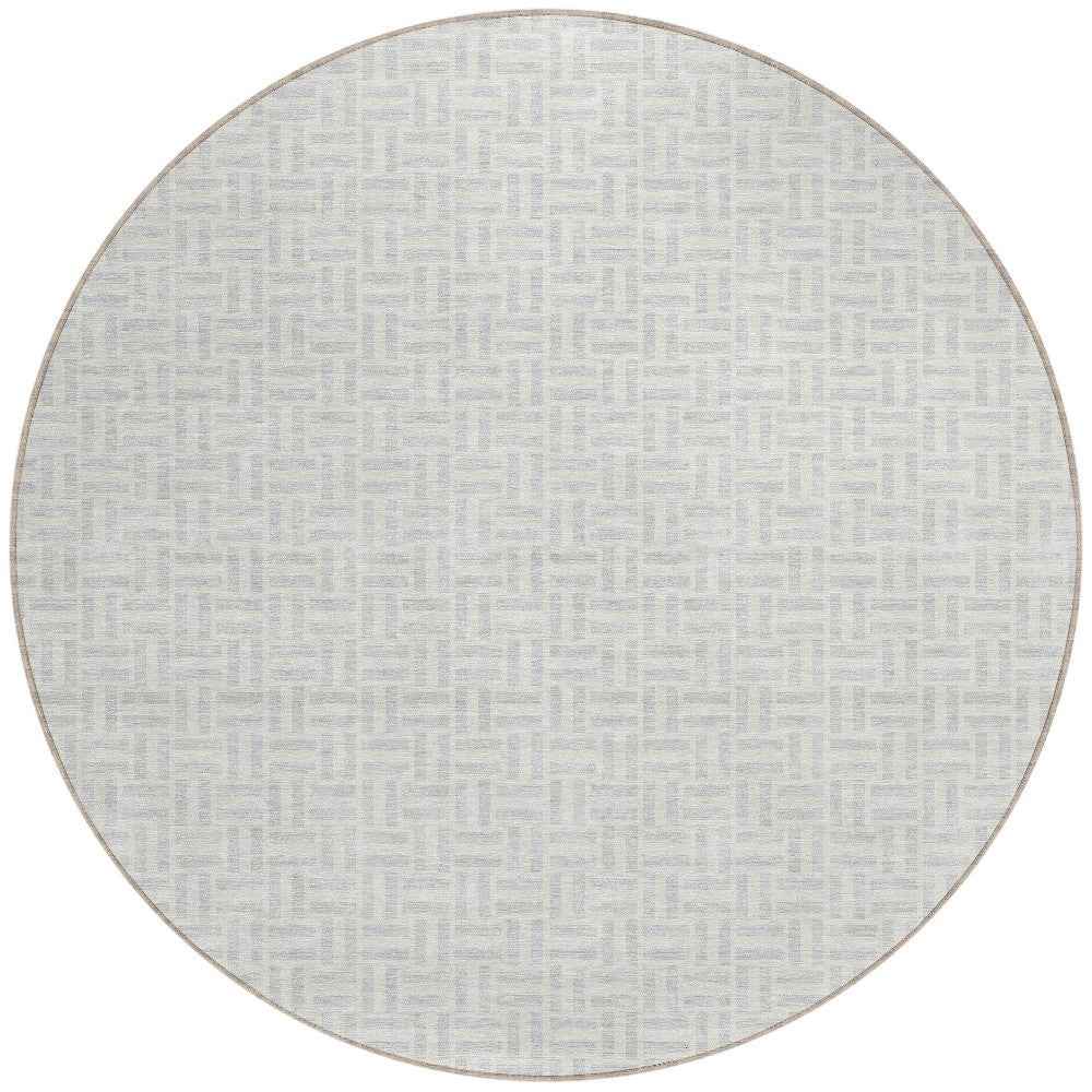8' Silver And Gray Round Geometric Washable Indoor Outdoor Area Rug