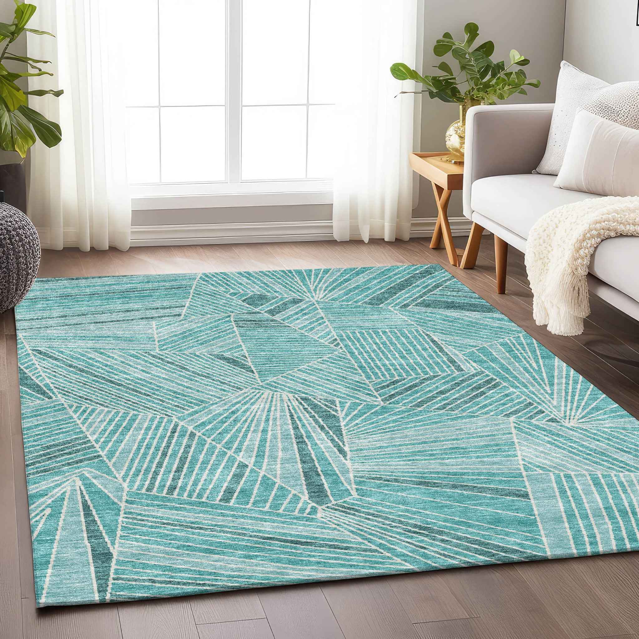 5' X 8' Teal Blue And Ivory Geometric Washable Indoor Outdoor Area Rug