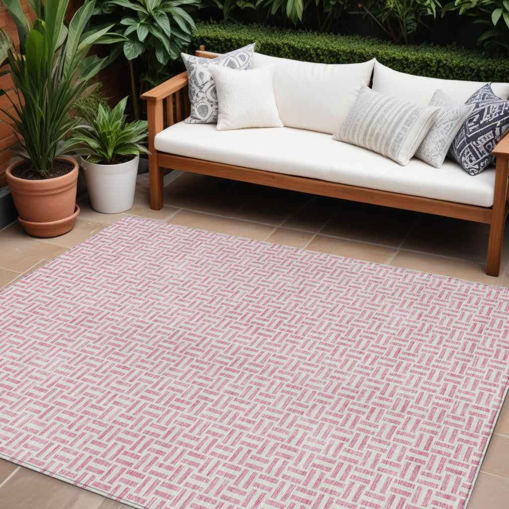 9' X 12' Pink And Silver Geometric Washable Indoor Outdoor Area Rug