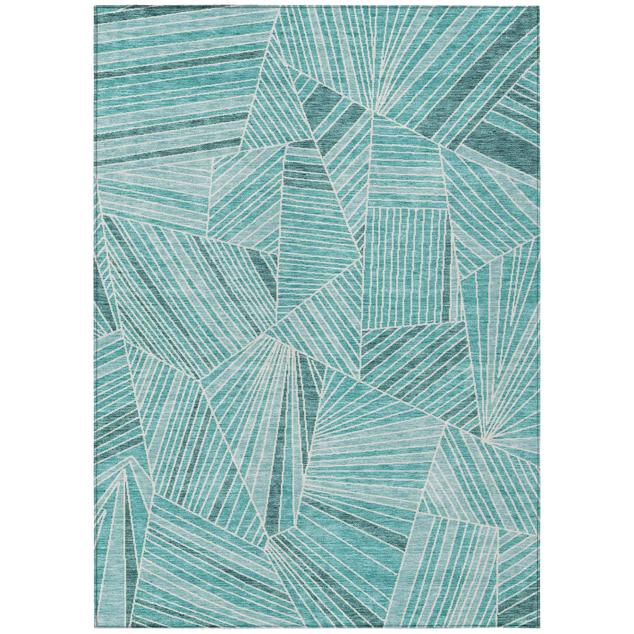 5' X 8' Teal Blue And Ivory Geometric Washable Indoor Outdoor Area Rug